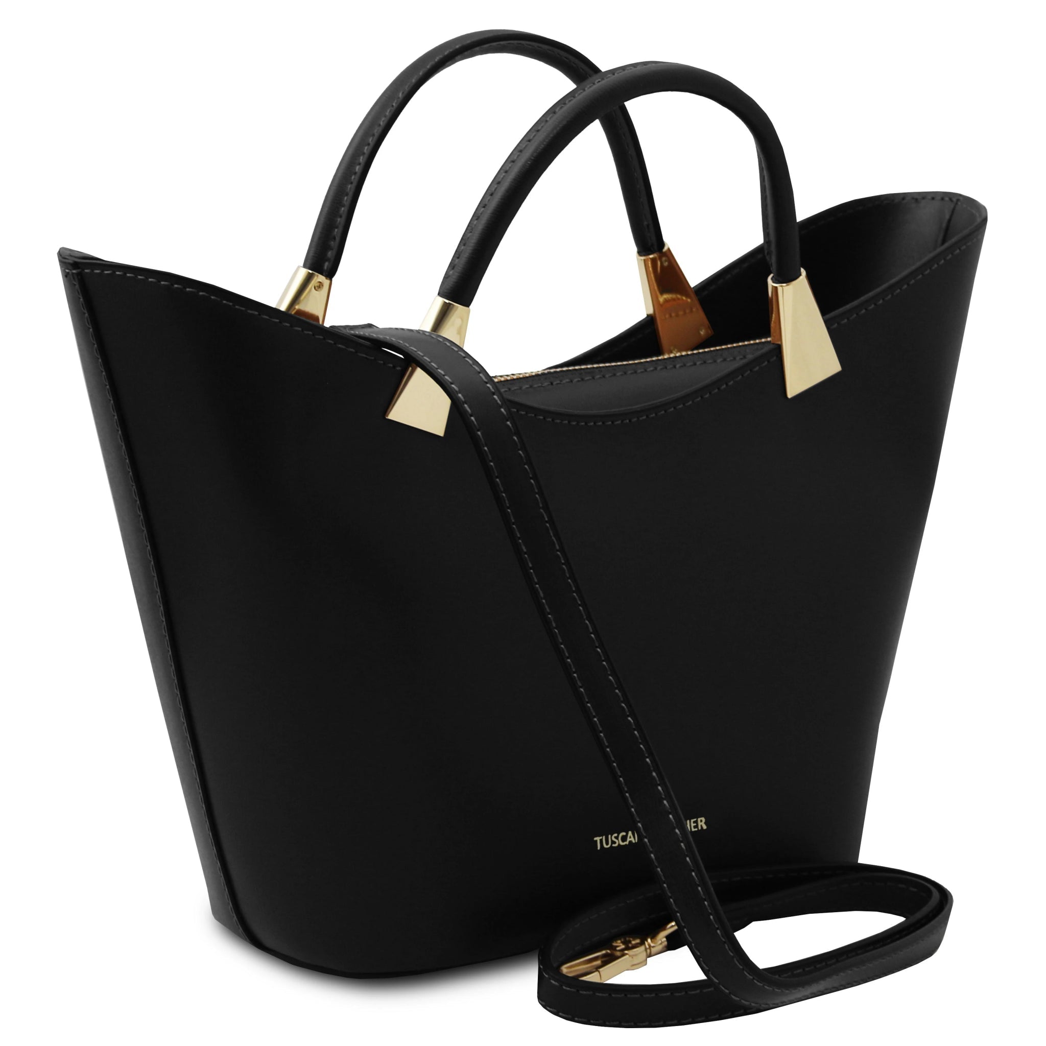 TL Bag Italian Leather Handbag in Black front view on a white background showing detachable shoulder strap