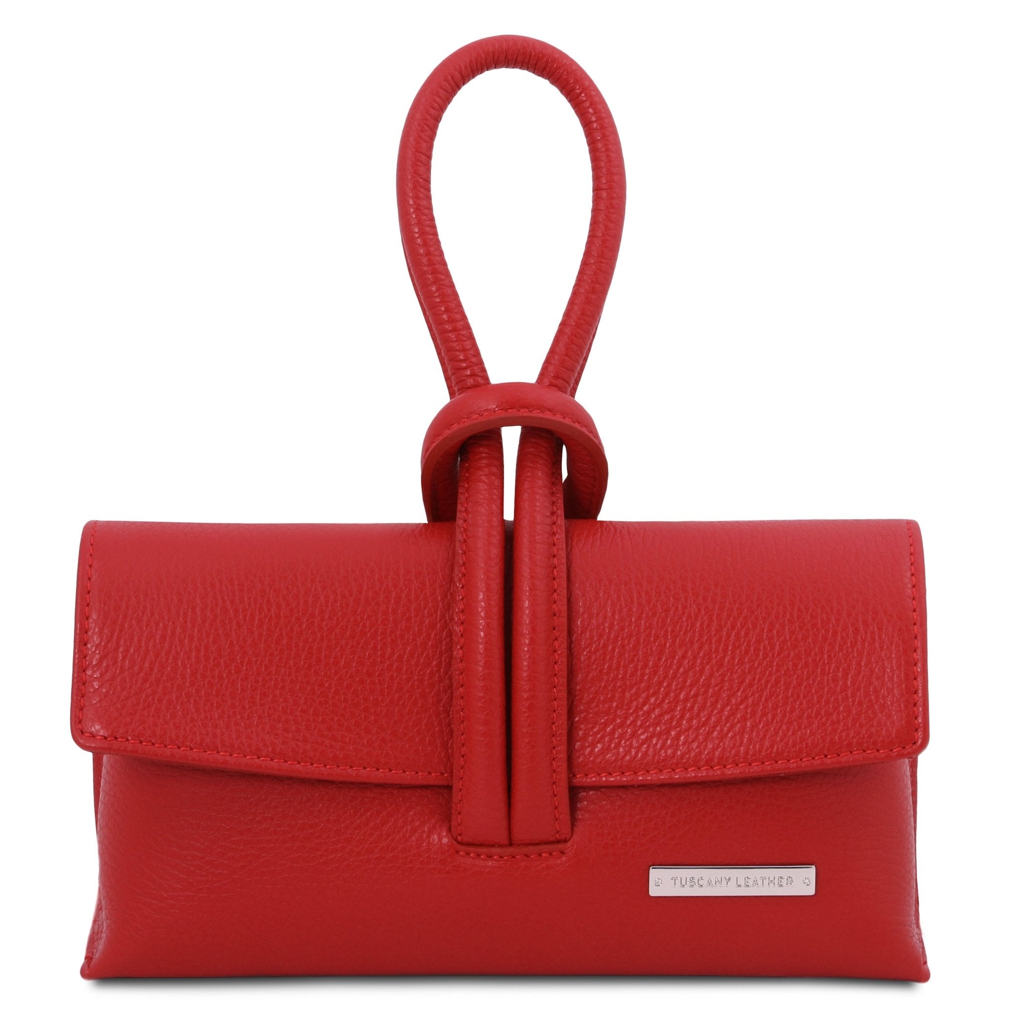 Front view TL Bag Leather Clutch in red showing strap that passes through loop at top of bag converting into top handle