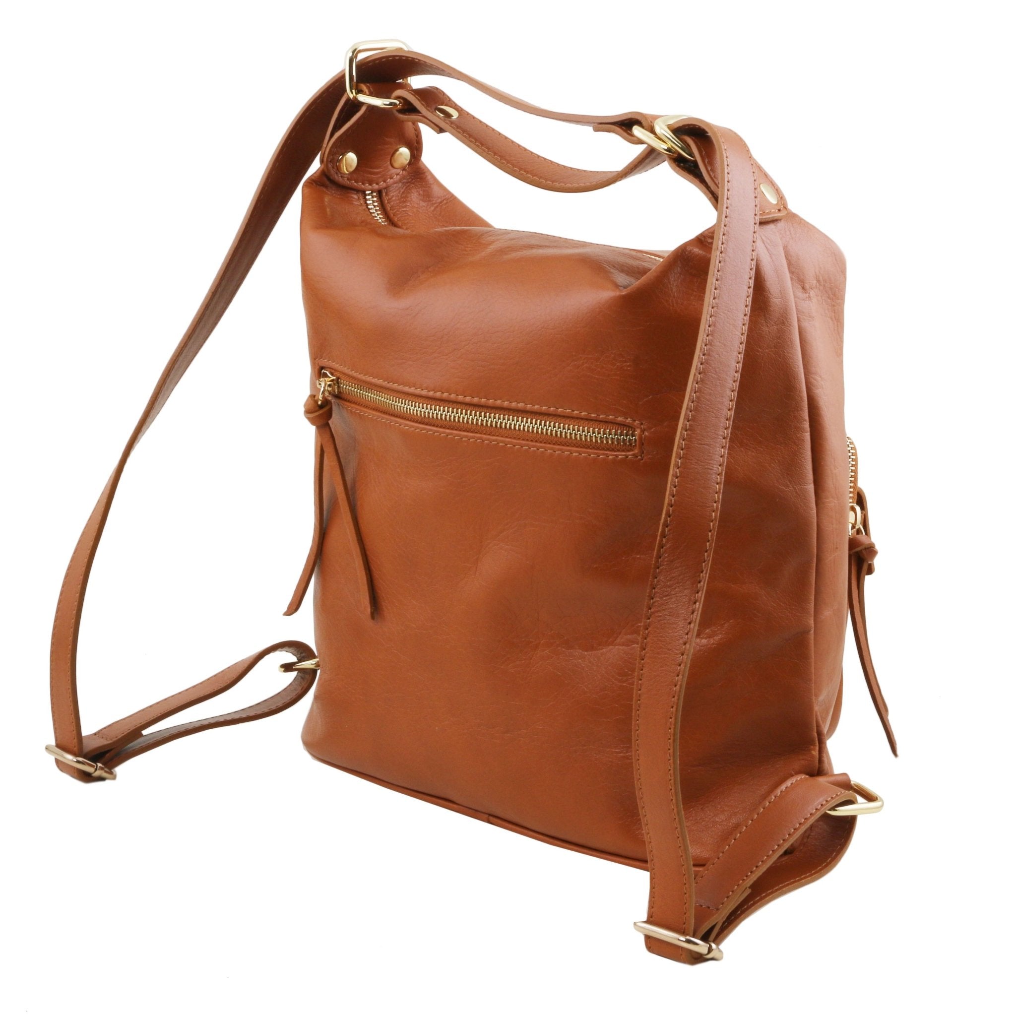 TL Bag Leather Convertible Bag in Cognac, backside view showing shoulder straps, on white background - L'Atelier Global