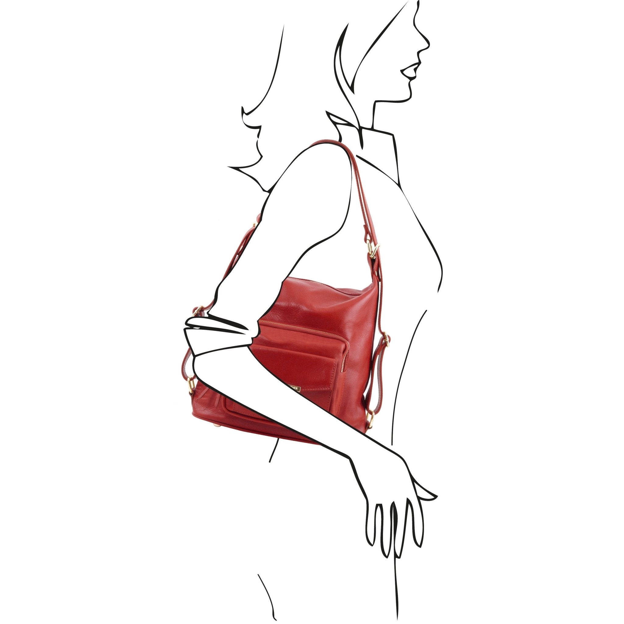 TL Bag Leather Convertible Bag in Red, sketch of model showing size of bag, on white background - L'Atelier Global