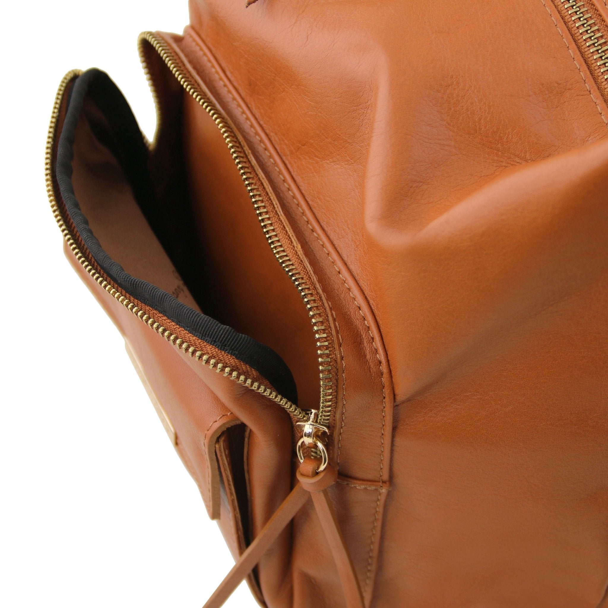 TL Bag Leather Convertible Bag in Cognac, exterior pocket on white background - L'Atelier Global