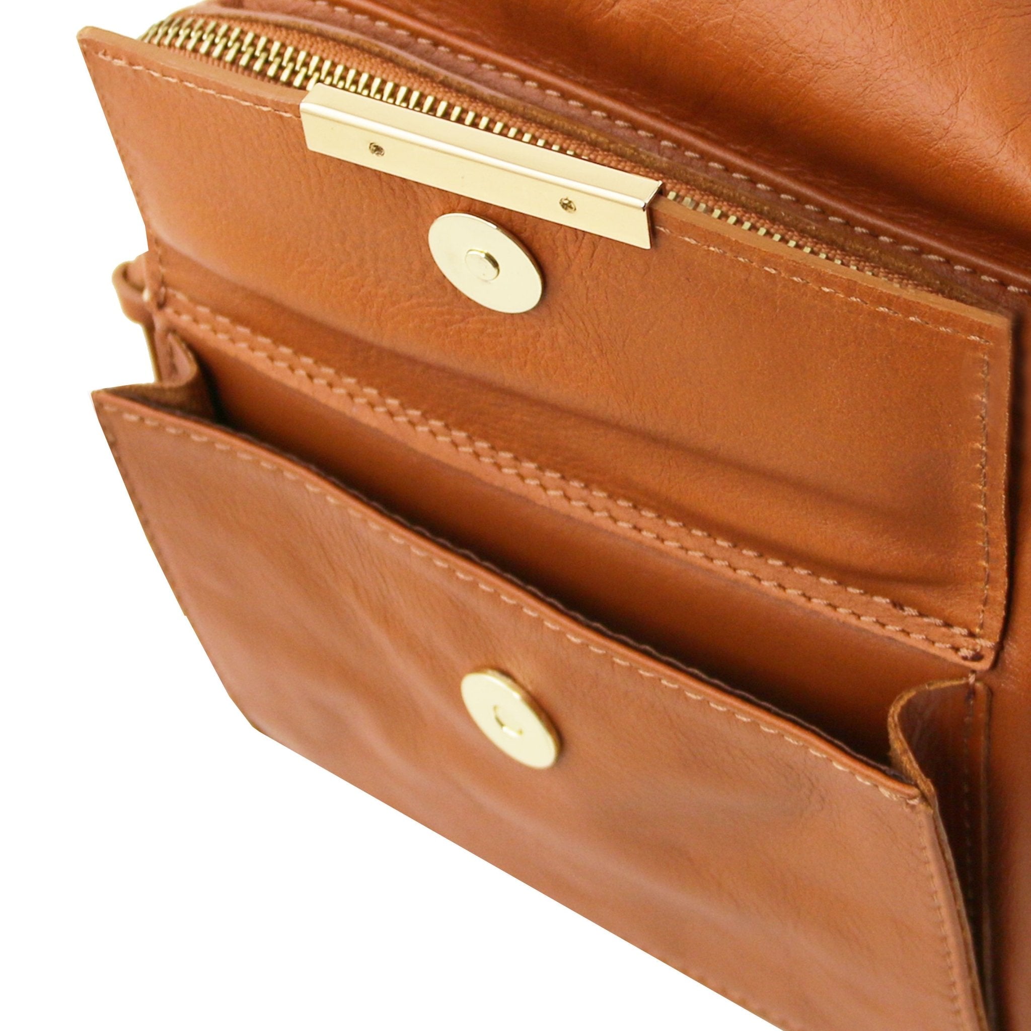 TL Bag Leather Convertible Bag in Cognac, exterior pocket on white background - L'Atelier Global