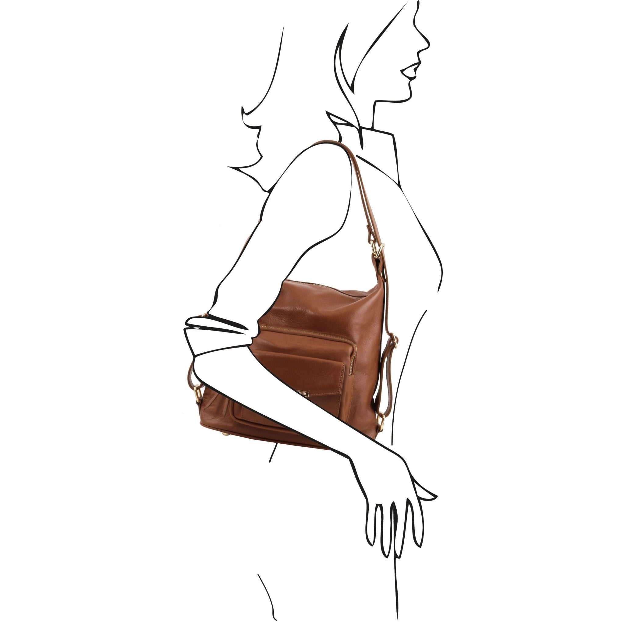 TL Bag Leather Convertible Bag in Cognac in black and white sketch of model showing size of bag - L'Atelier Global