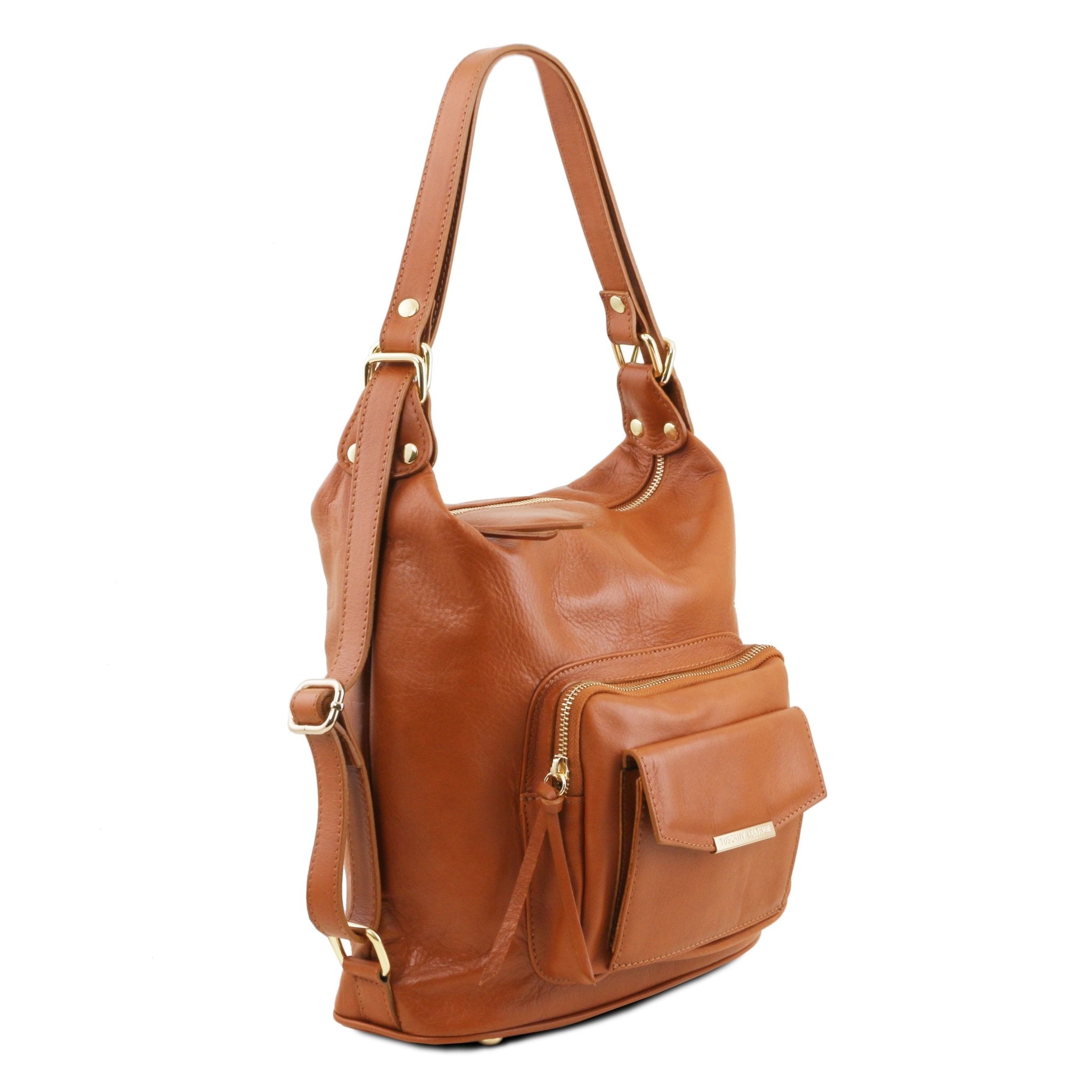 TL Bag Leather Convertible Bag in Cognac, Side View with handles standing up, on white background - L'Atelier Global