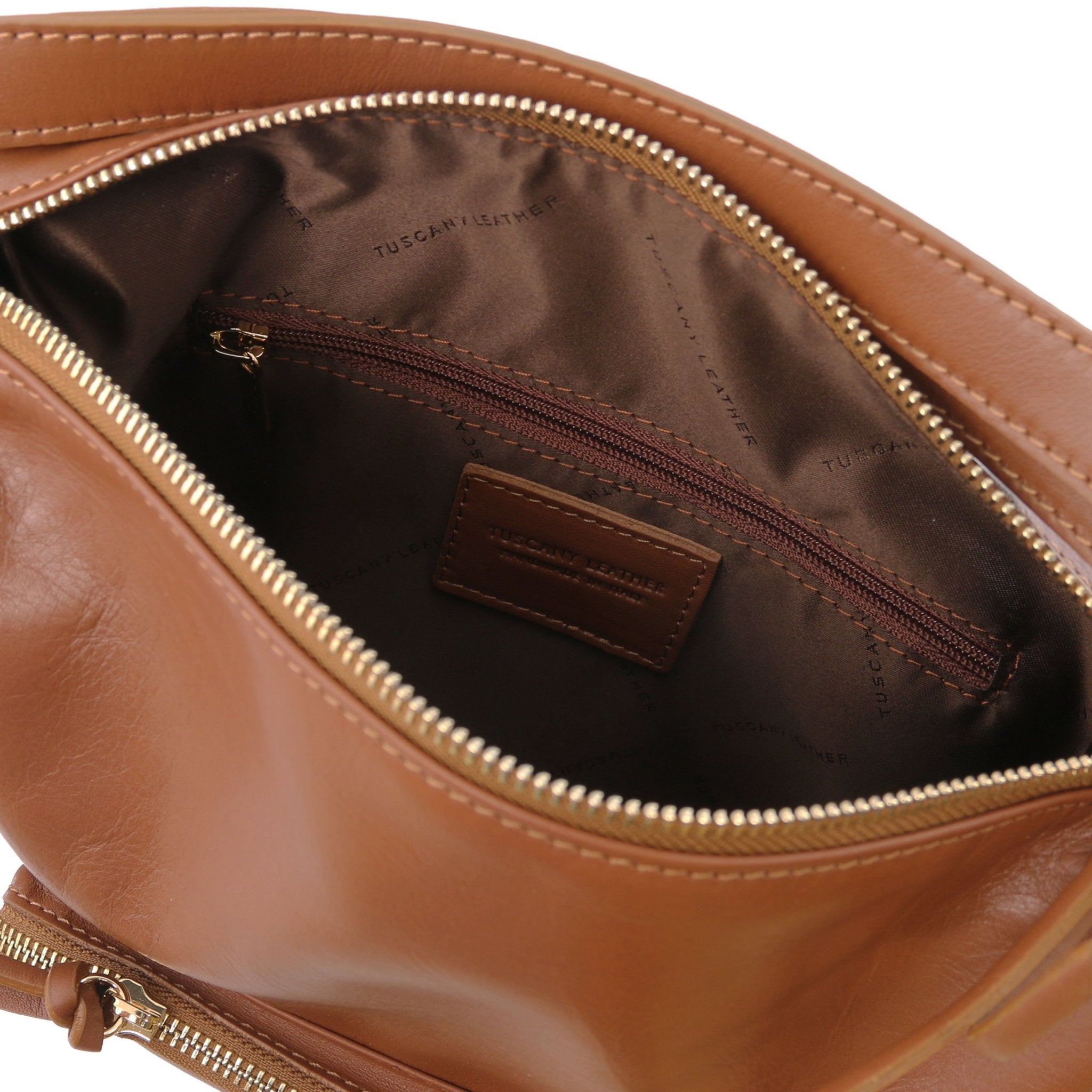 TL Bag Leather Convertible Bag in Cognac, Interior zip pocket on white background - L'Atelier Global