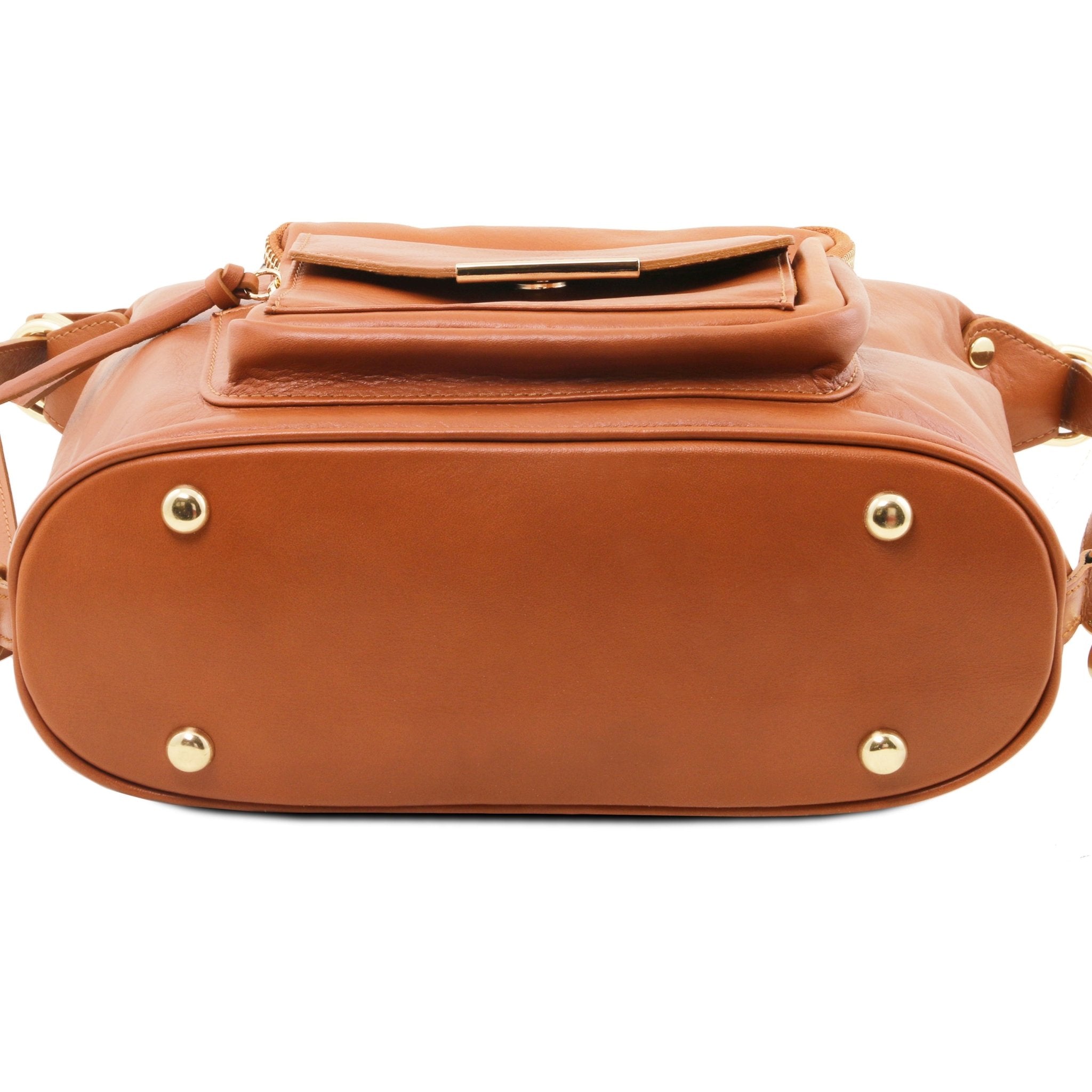 TL Bag Leather Convertible Bag in Cognac, bottom view showing gold feet, on white background - L'Atelier Global