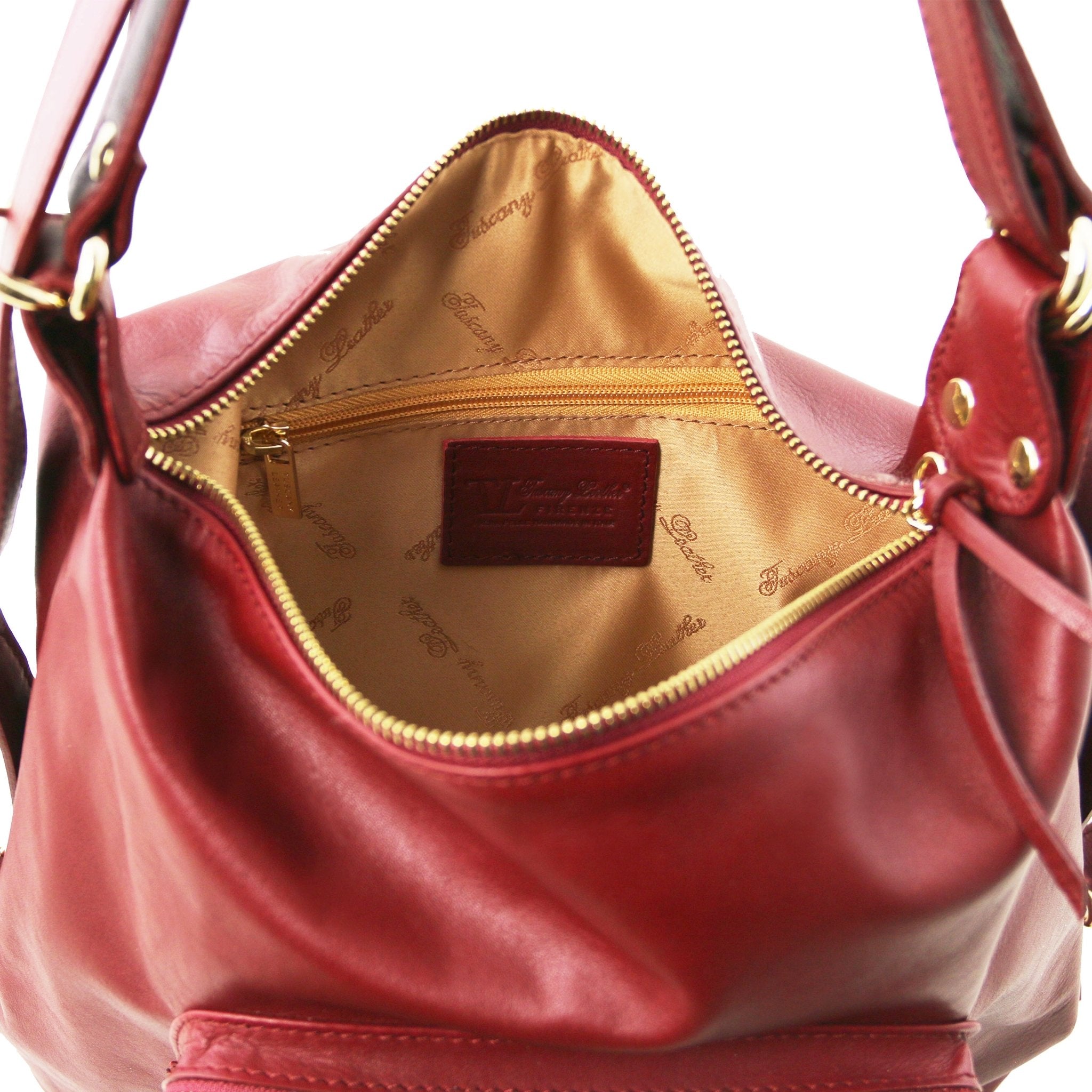 TL Bag Leather Convertible Bag in Red, interior view showing zippered pocket, on white background - L'Atelier Global