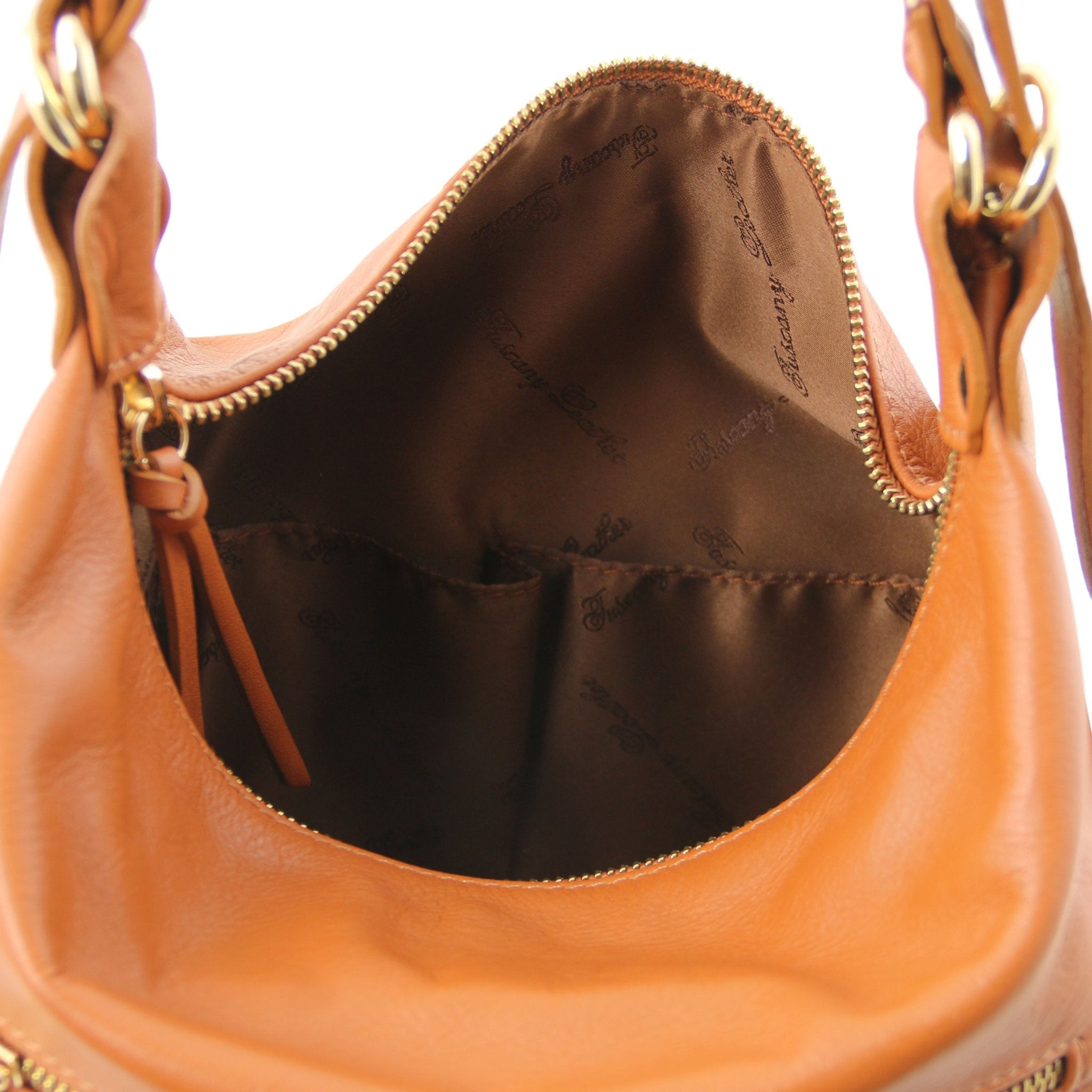 TL Bag Leather Convertible Bag in Cognac, Interior pocket on white background - L'Atelier Global