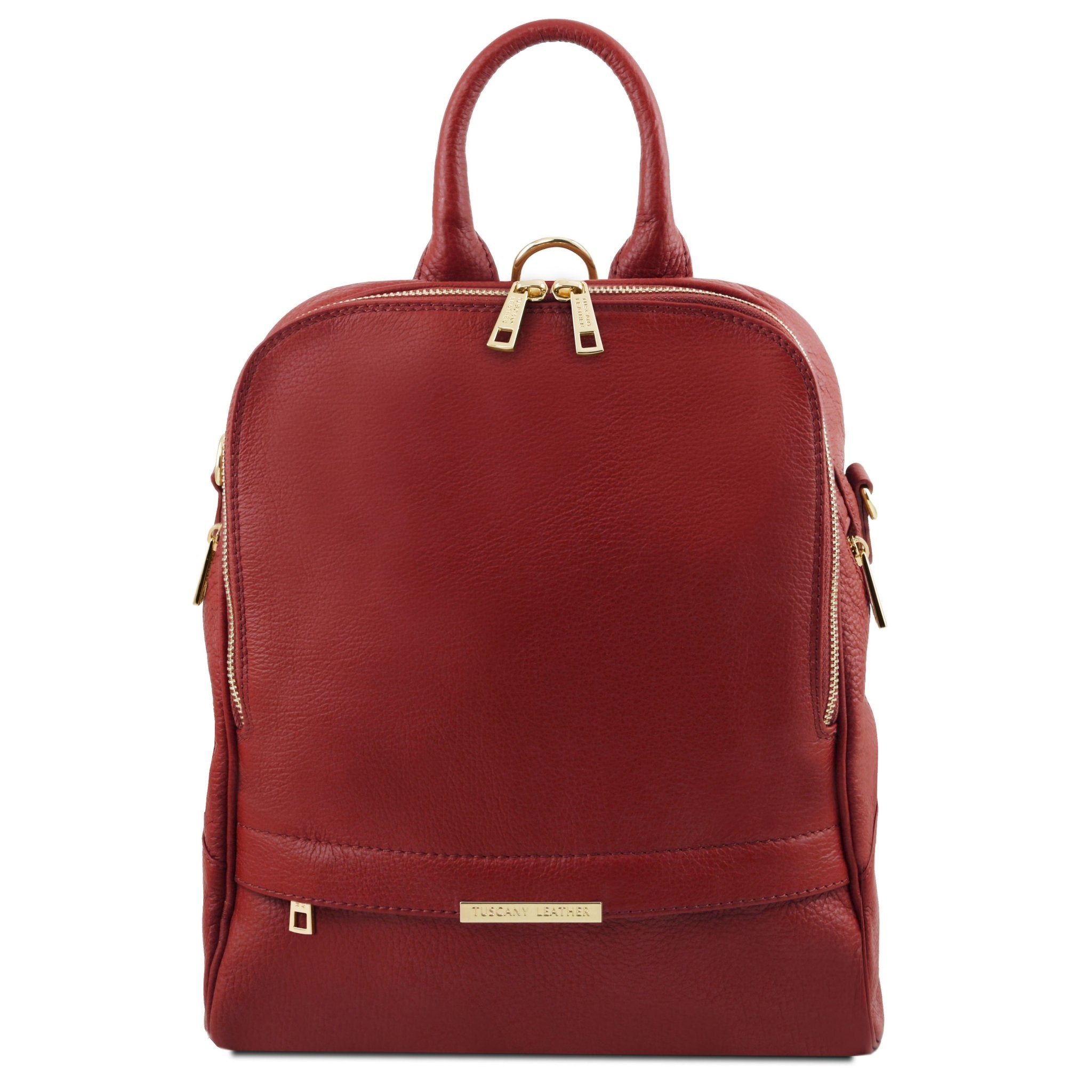 Front view of TL Bag Soft Leather Backpack in red on a white background - L'Atelier Global