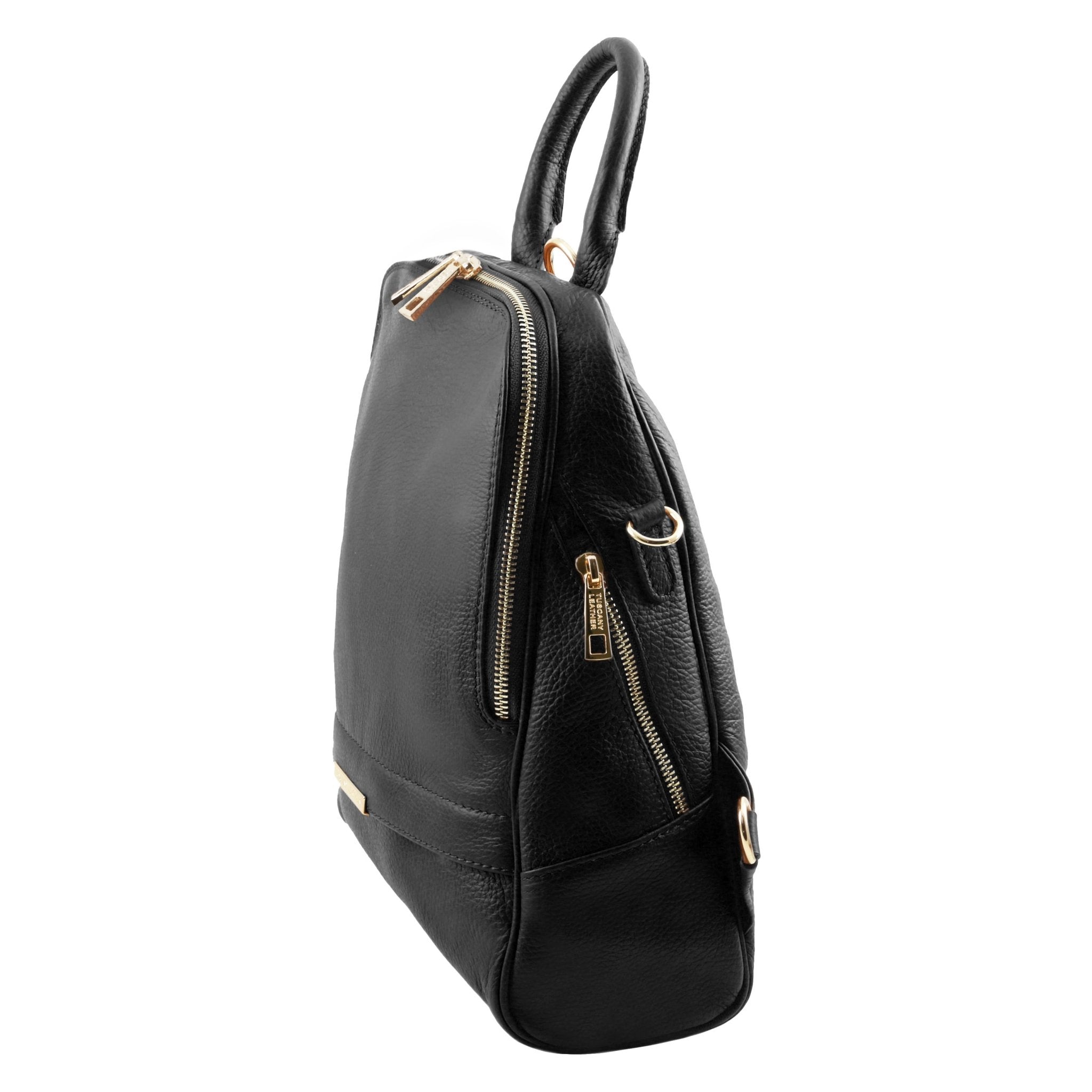 Side view of TL Bag Soft Leather Backpack in black on a white background - L'Atelier Global