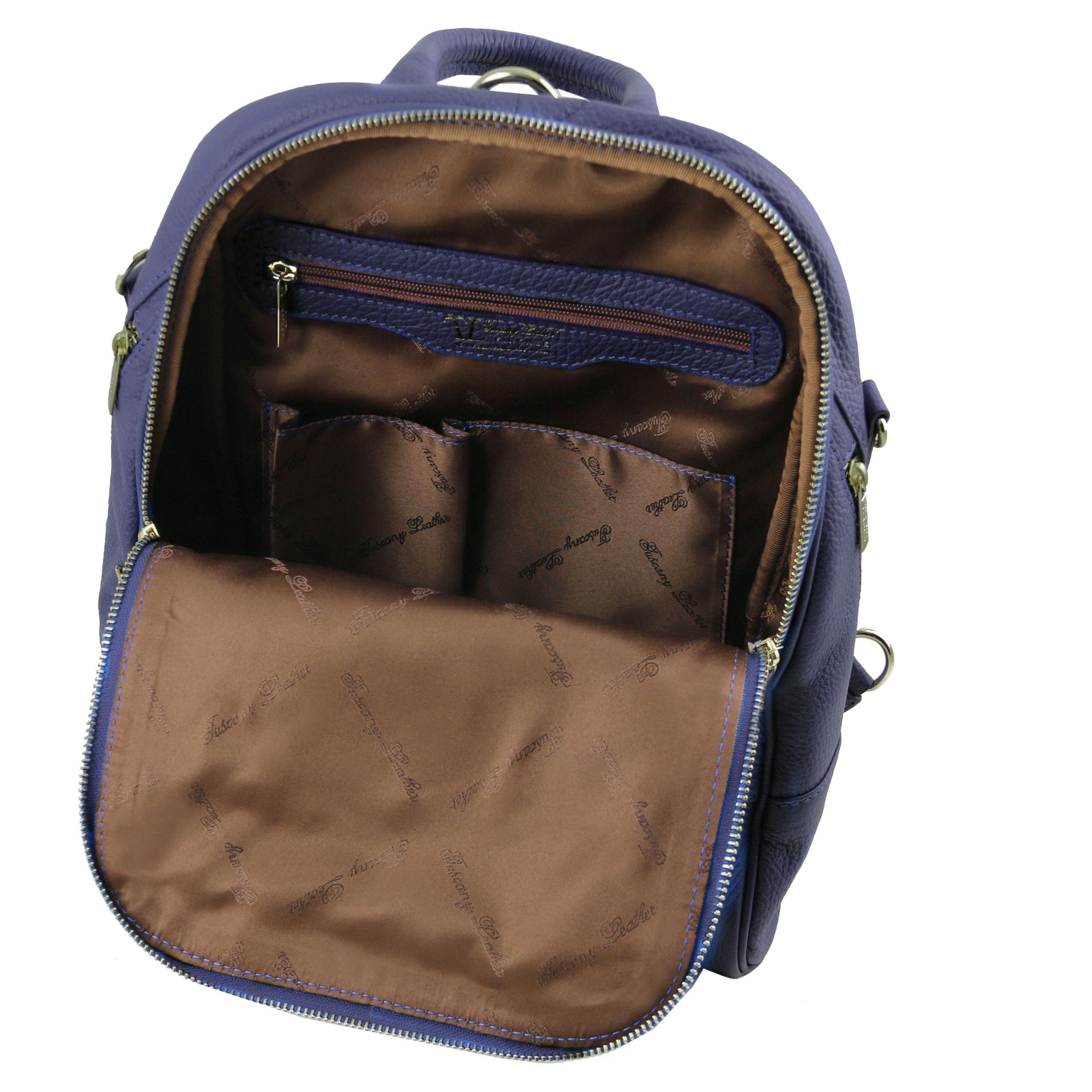 Interior pockets view of TL Bag Soft Leather Backpack in dark blue on a white background - L'Atelier Global