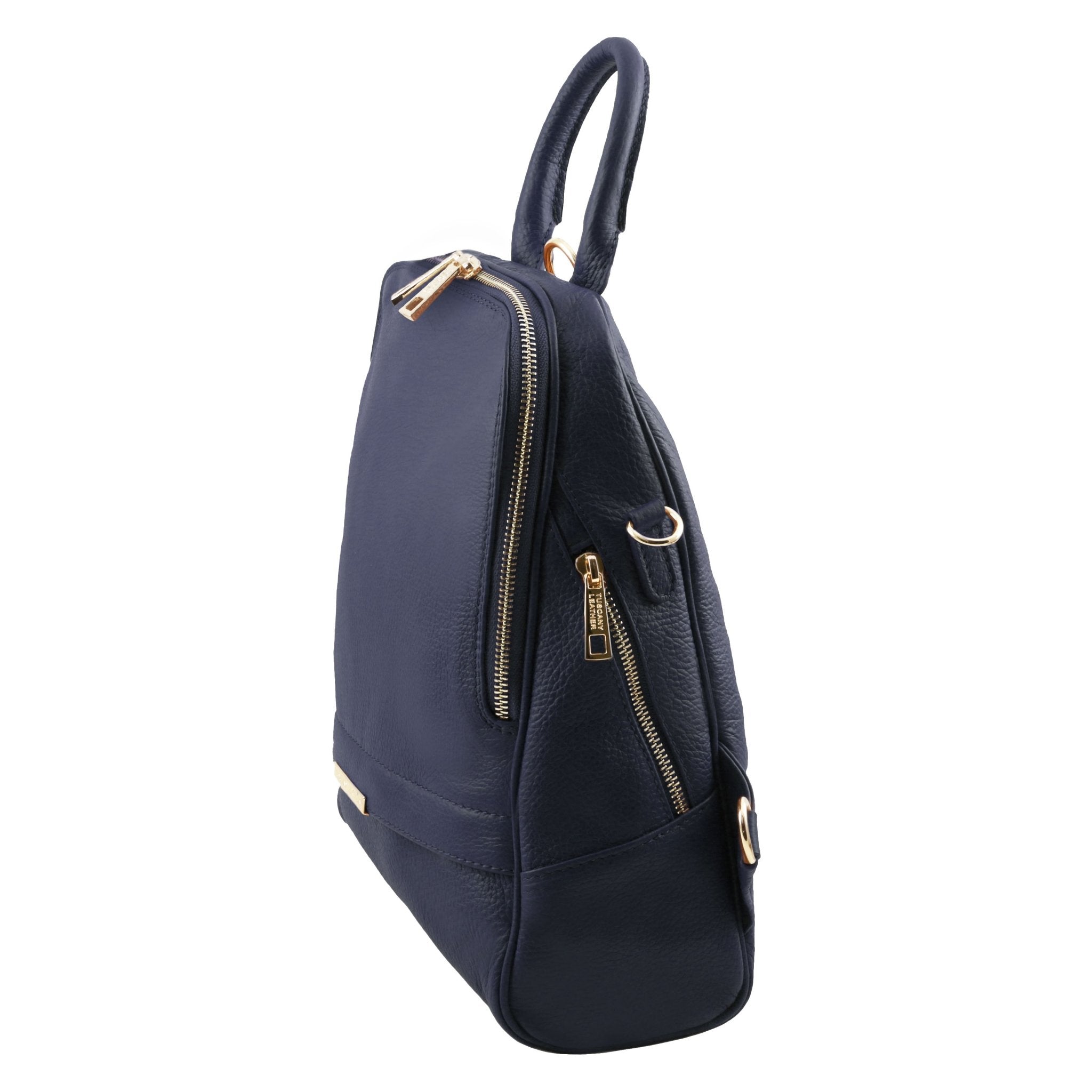 Side view of TL Bag Soft Leather Backpack in dark blue on a white background - L'Atelier Global