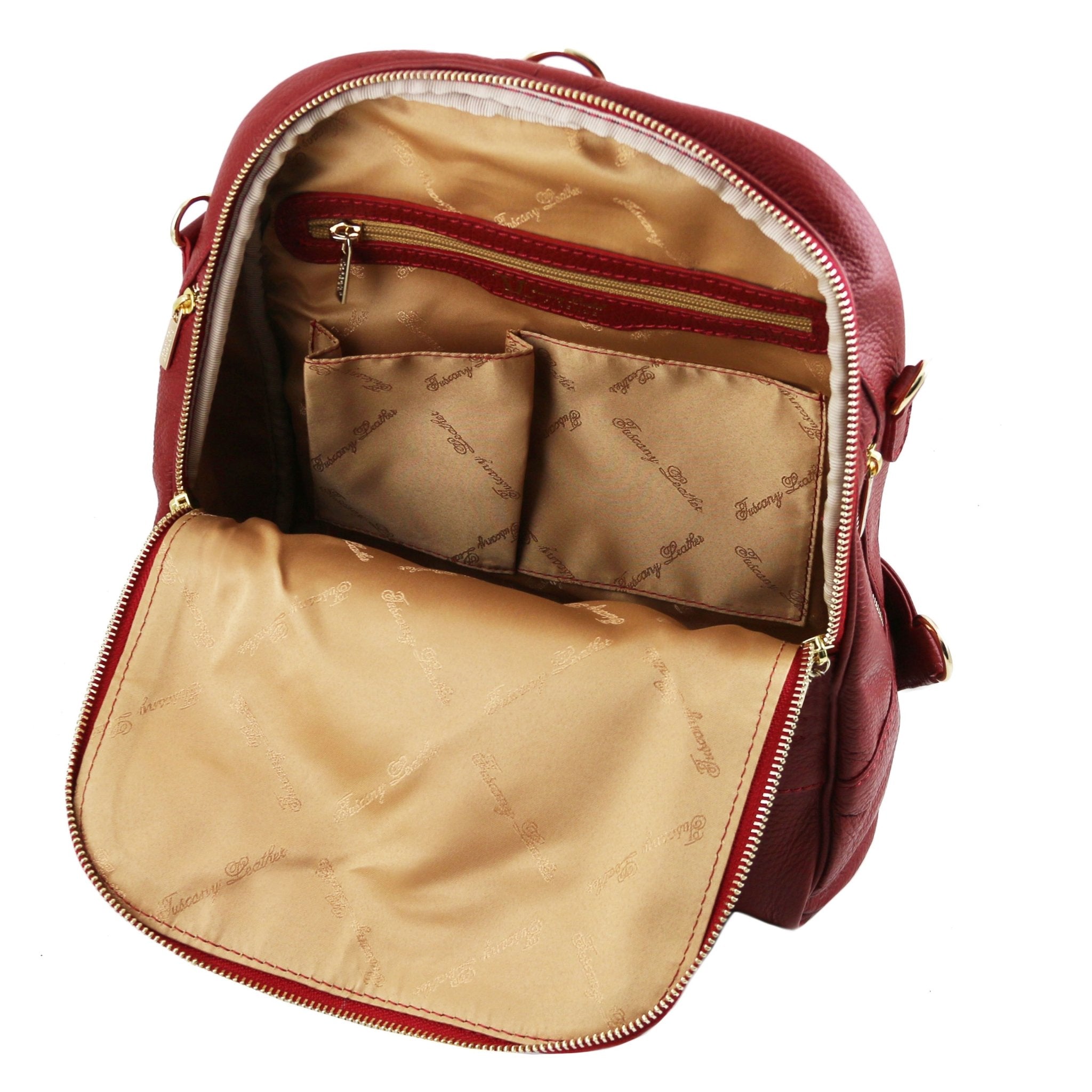 Interior pockets view of TL Bag Soft Leather Backpack in red on a white background - L'Atelier Global