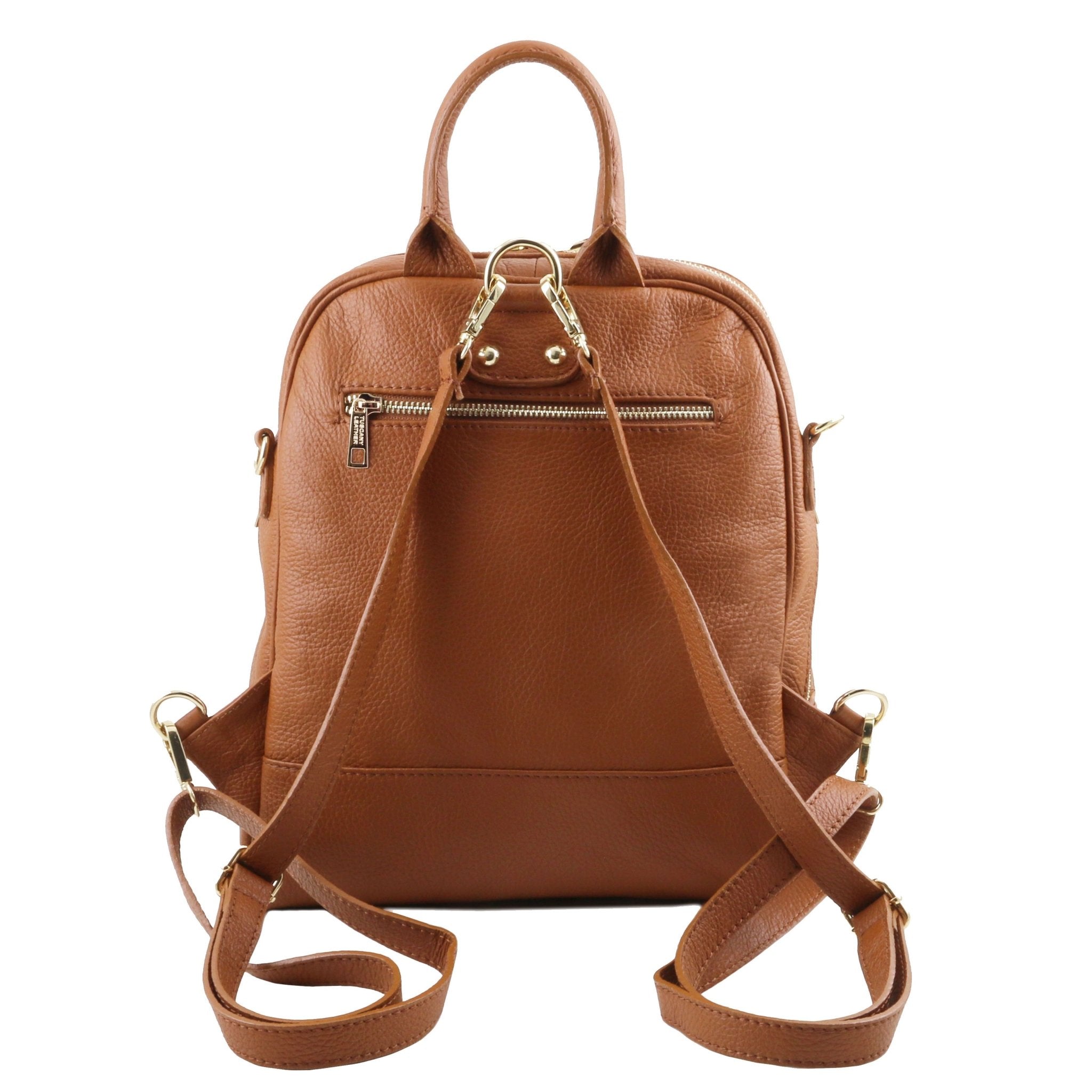 Back view with shoulder straps of TL Bag Soft Leather Backpack in cognac on a white background - L'Atelier Global