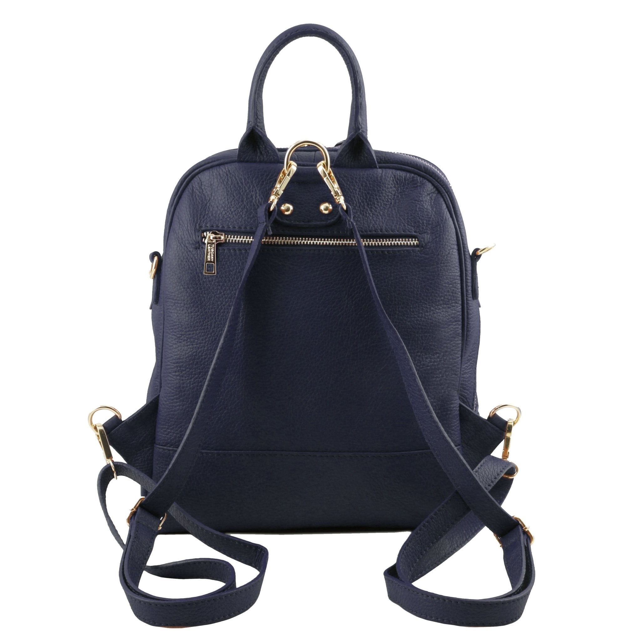 Back view with shoulder straps of TL Bag Soft Leather Backpack in dark blue on a white background - L'Atelier Global