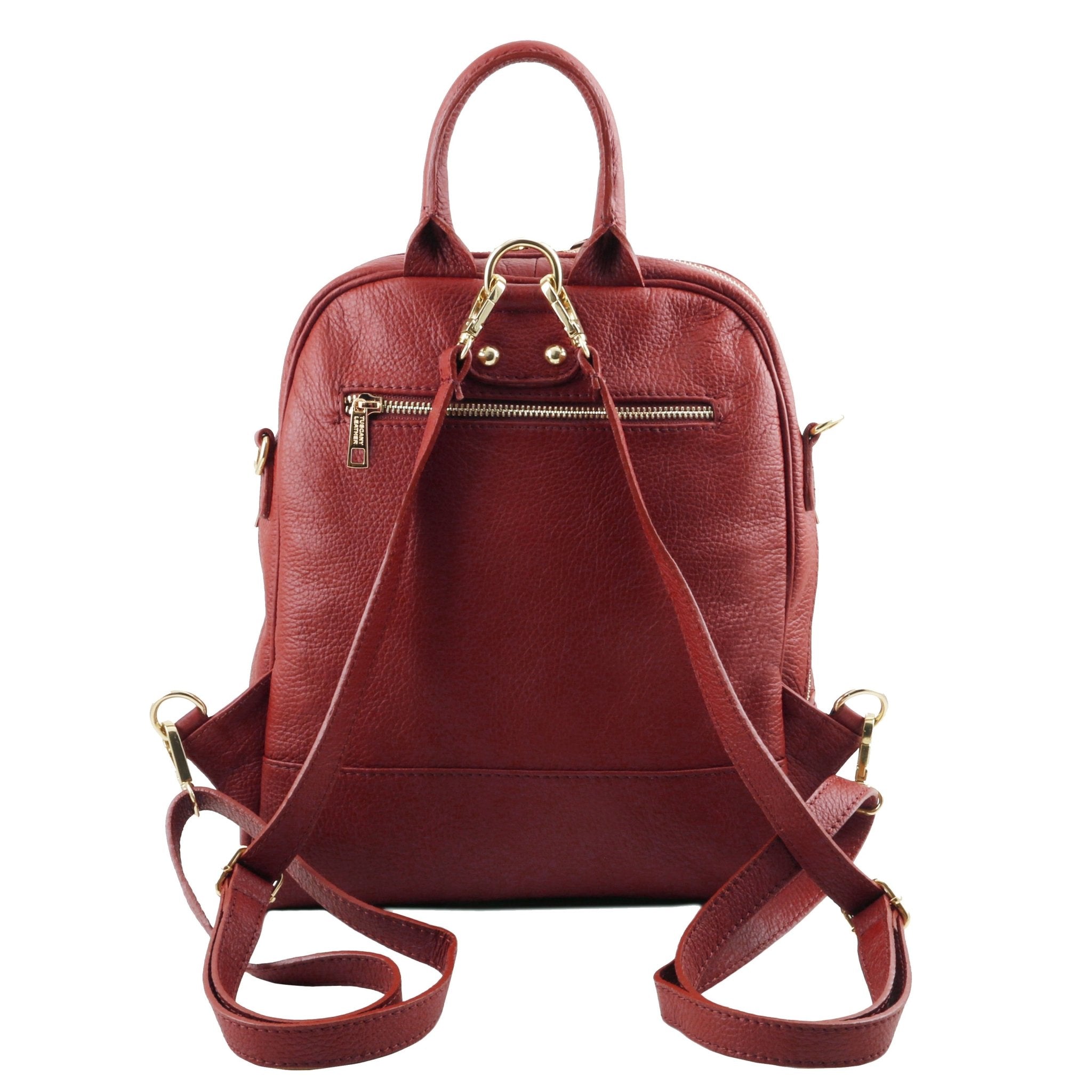 Back view with shoulder straps of TL Bag Soft Leather Backpack in red on a white background - L'Atelier Global