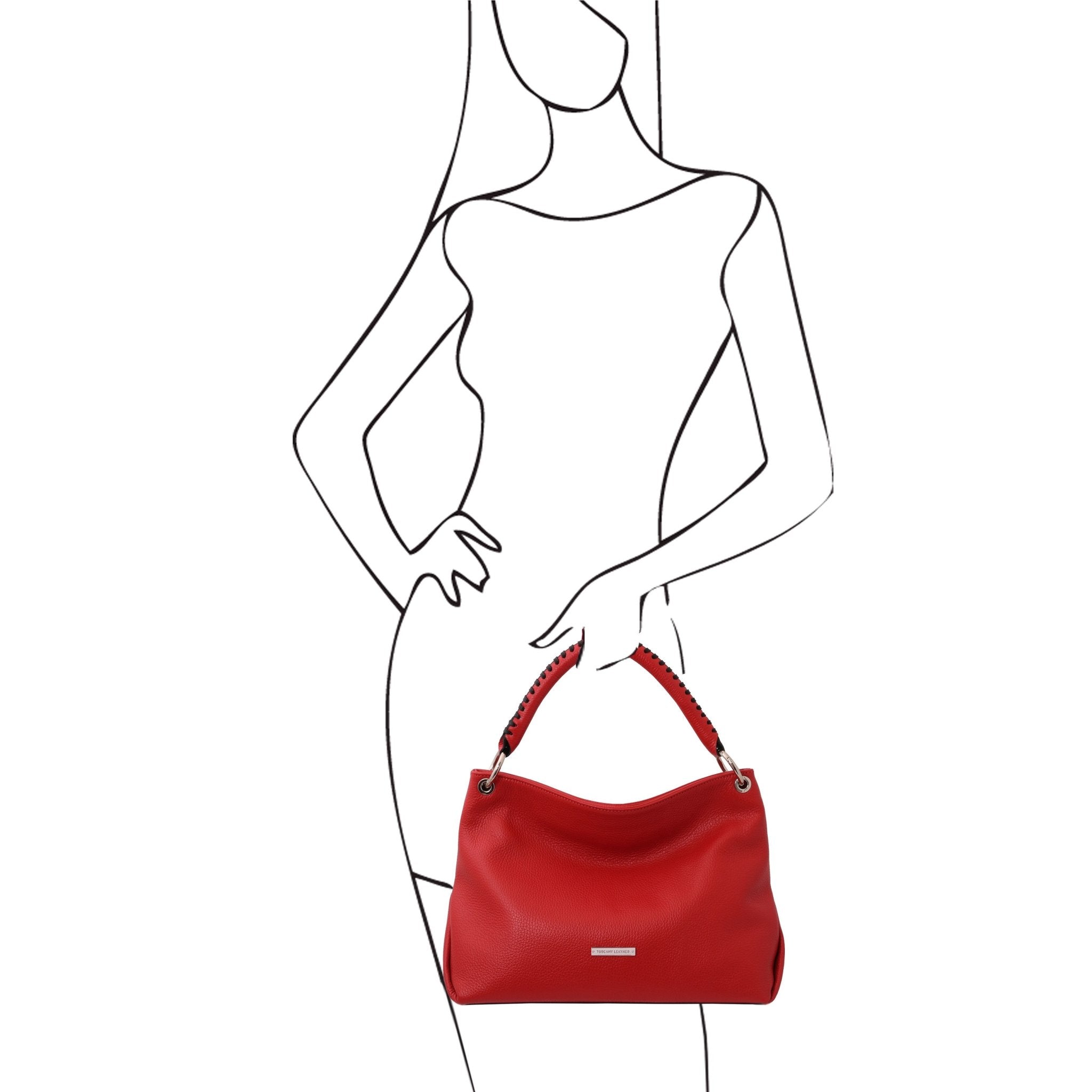 A sketch of a female model holding the TL Bag Soft Leather Handbag in Red on a white background - L'Atelier Global