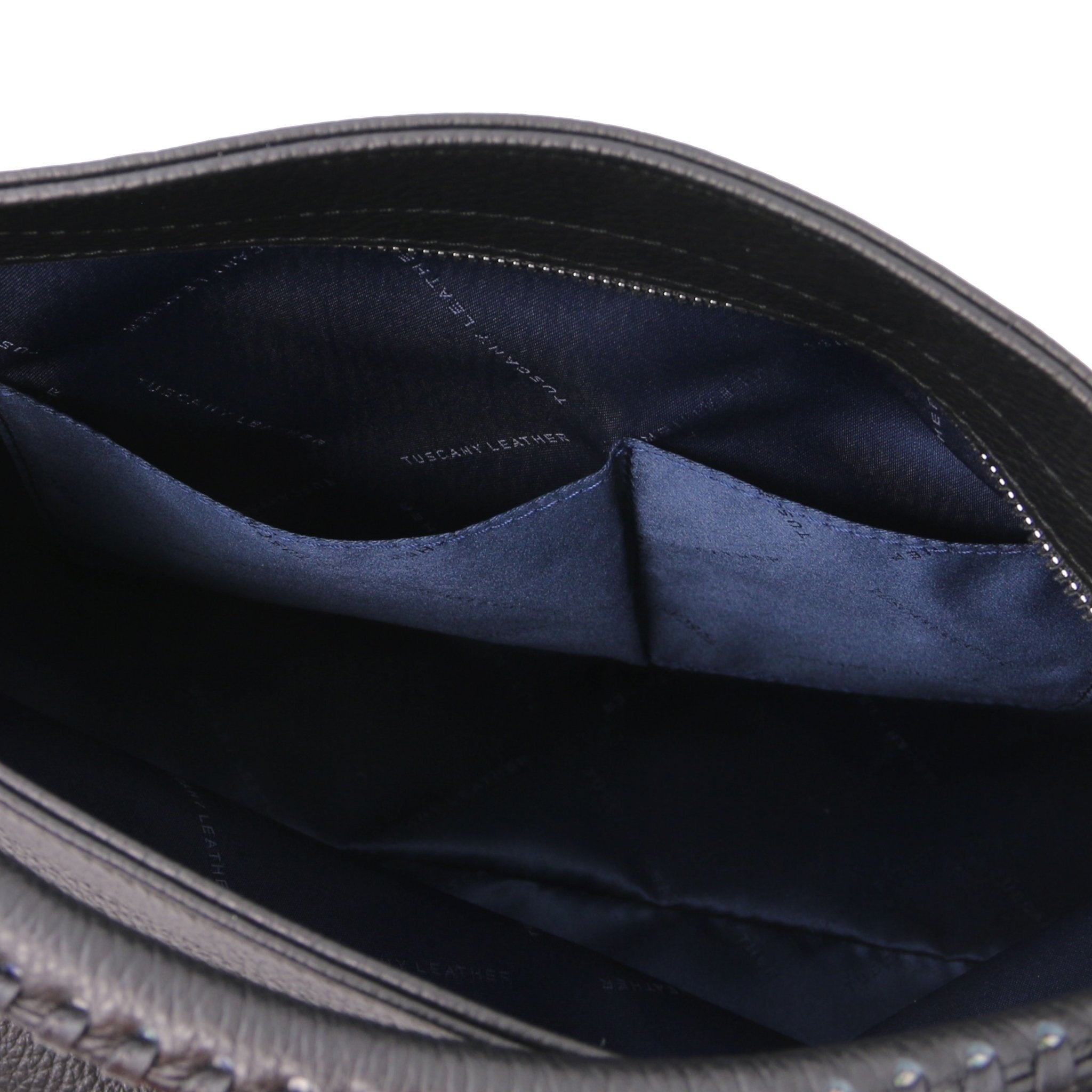 Interior view of the TL Bag Soft Leather Handbag in Black showing two opened pockets on white background - L'Atelier Global