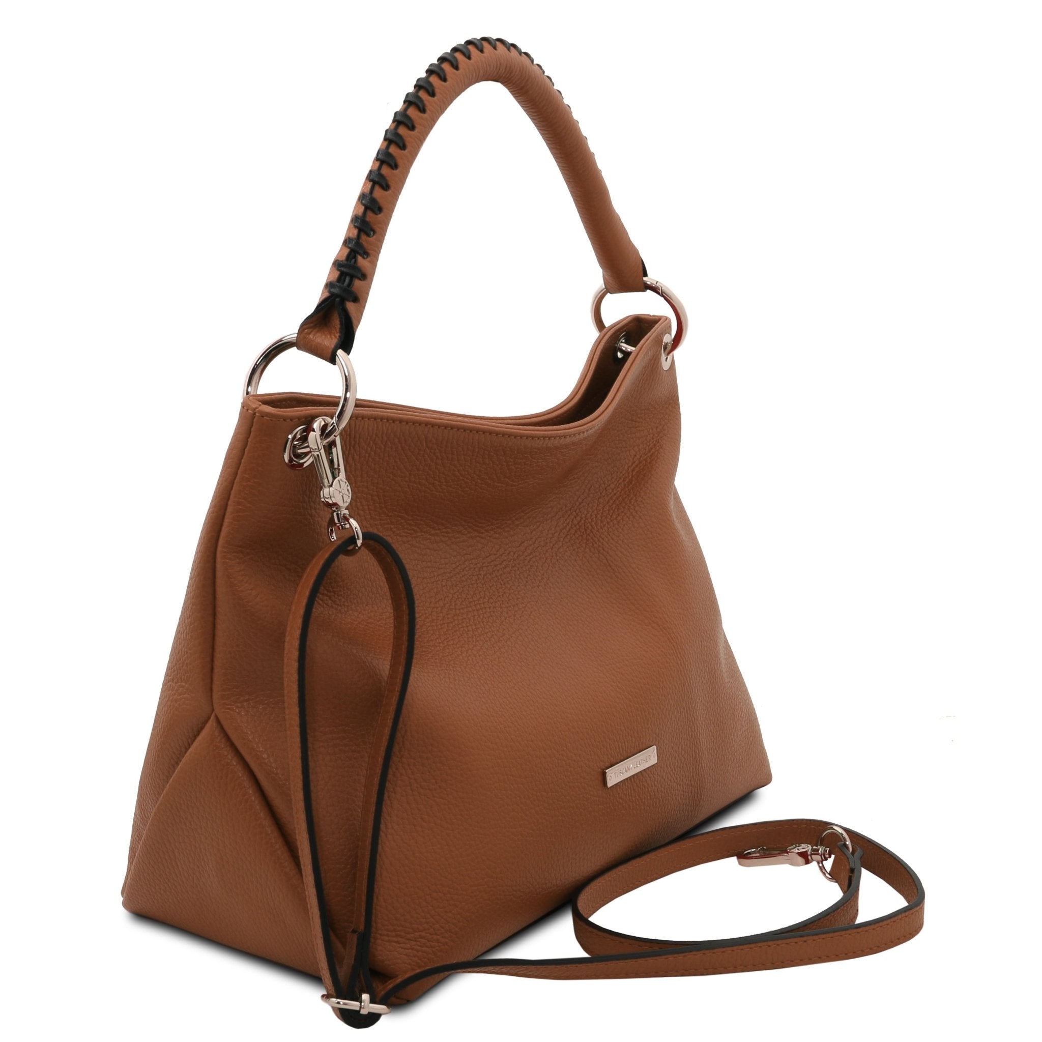 Front Side view of the TL Bag Soft Leather Handbag in Cognac on a white background - L'Atelier Global