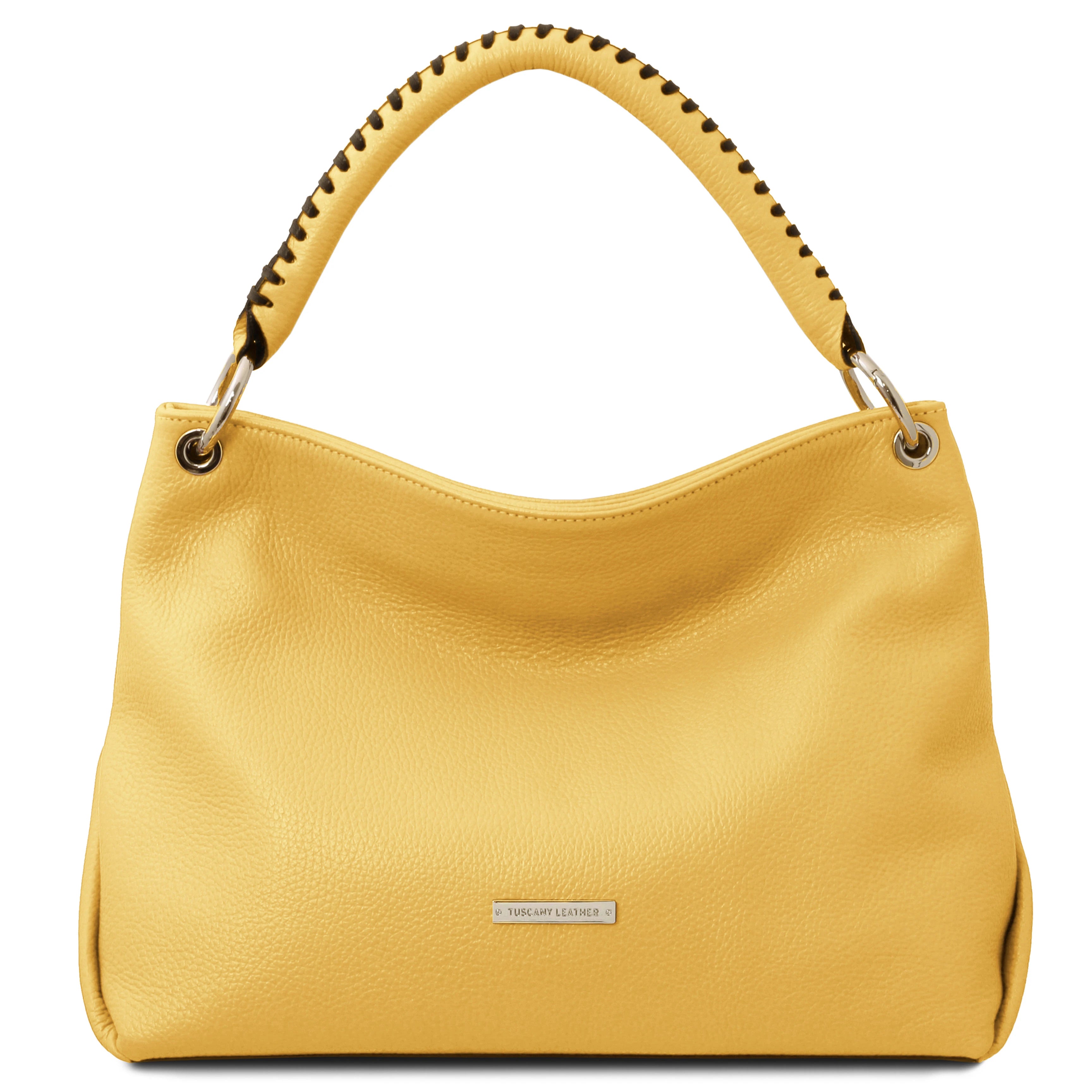 Front view of the TL Bag Soft Leather Handbag in Yellow on a white background - L'Atelier Global