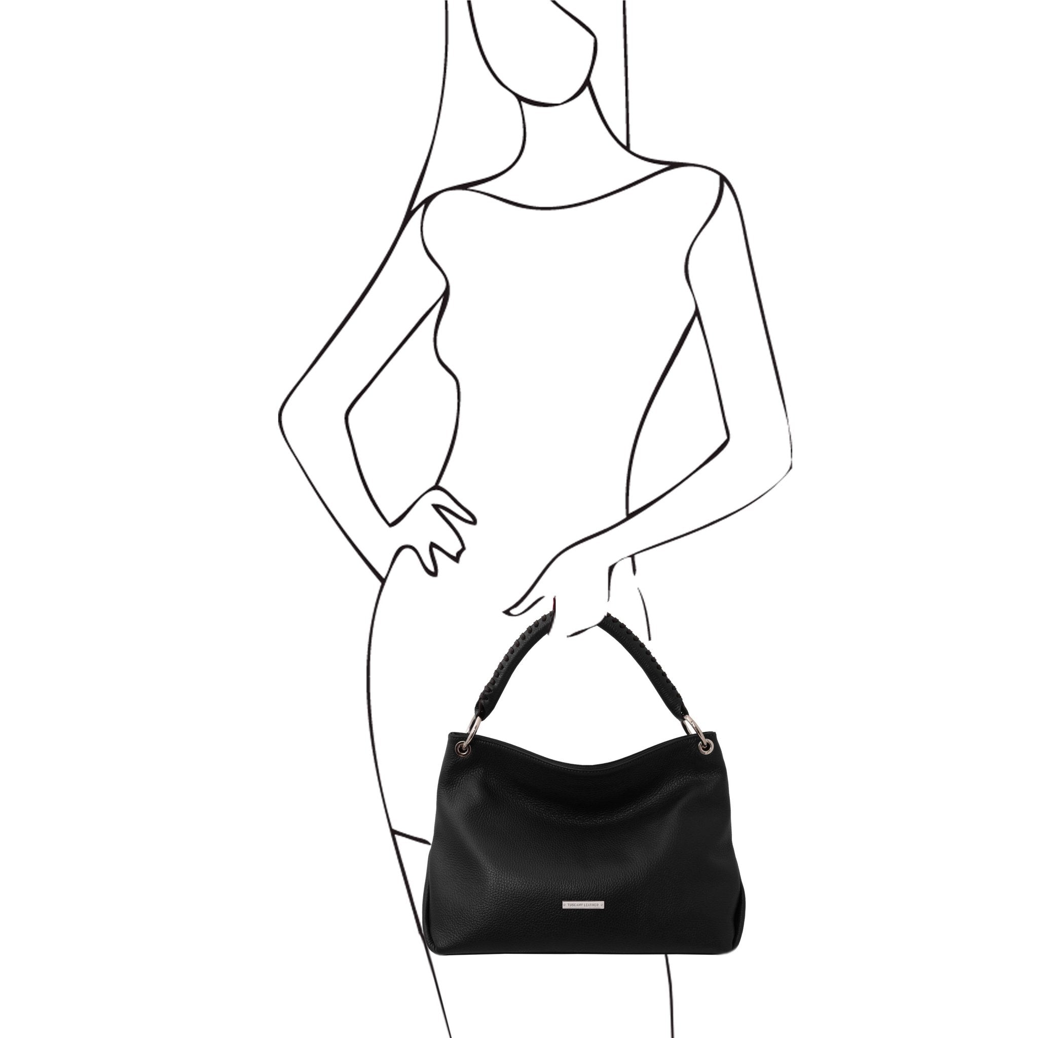 A sketch of a female model holding the TL Bag Soft Leather Handbag in Black on a white background - L'Atelier Global