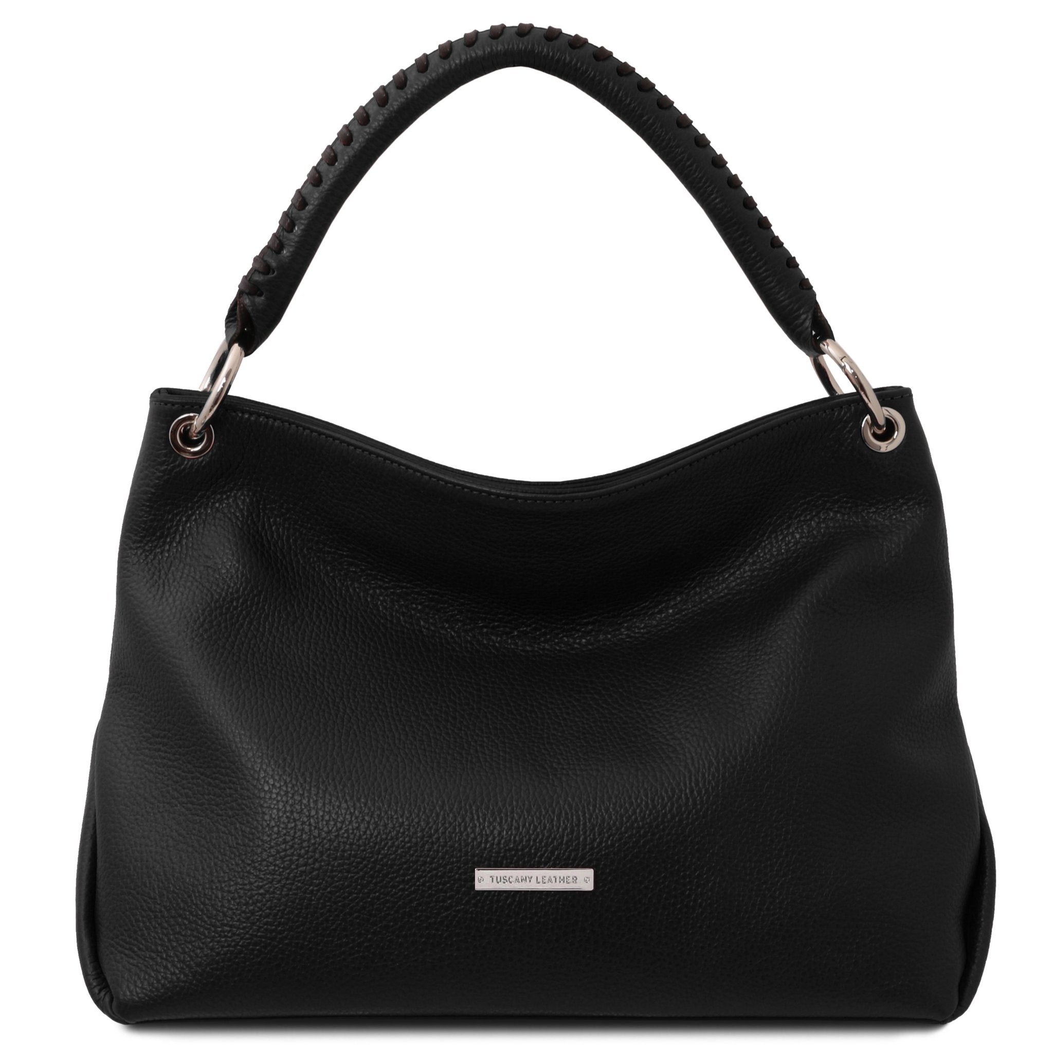 Front view of the TL Bag Soft Leather Handbag in Black on a white background - L'Atelier Global