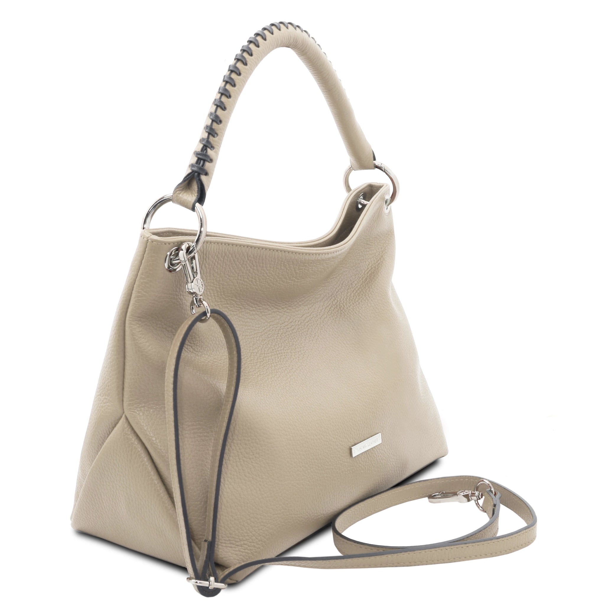 Front Side view of the TL Bag Soft Leather Handbag in Beige on a white background - L'Atelier Global