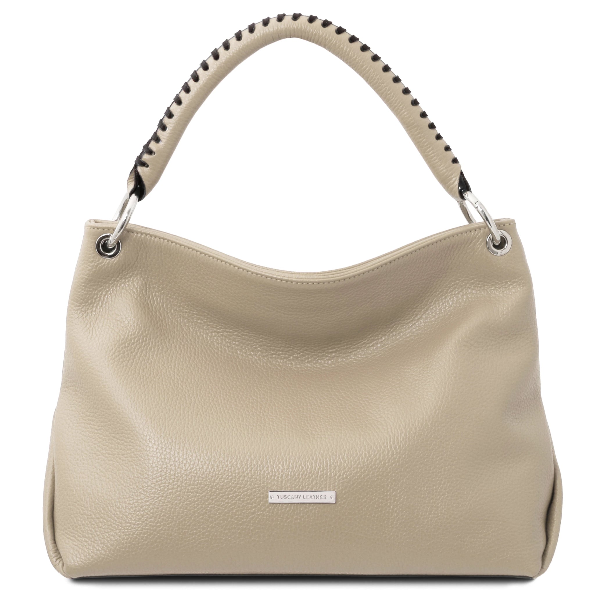 Front view of the TL Bag Soft Leather Handbag in Beige on a white background - L'Atelier Global