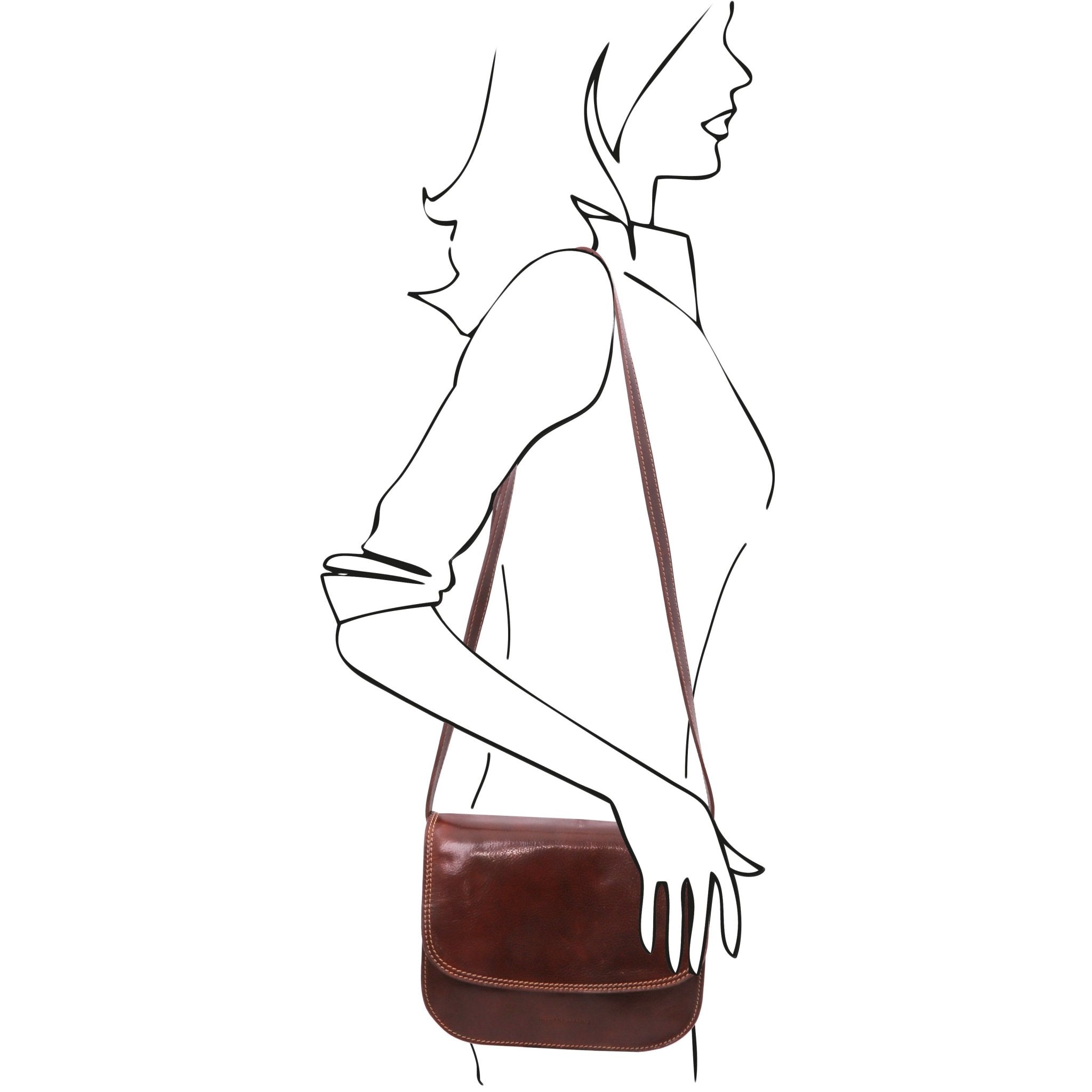 A sketch of a female model holding the TL Classic Greta Lady Leather Bag in brown on white background - L'Atelier Global