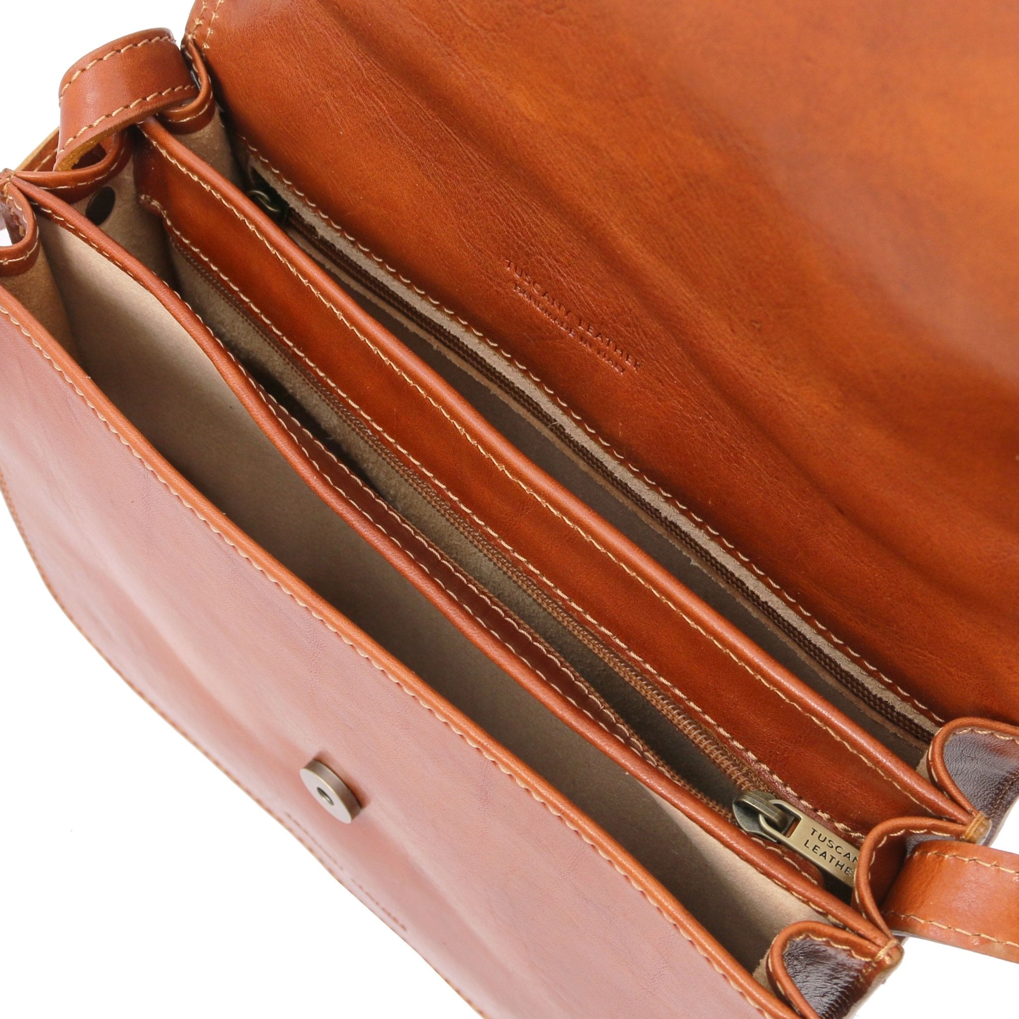 Interior view of interior pockets of the TL Classic Greta Lady Leather Bag in honey on a white background - L'Atelier Global