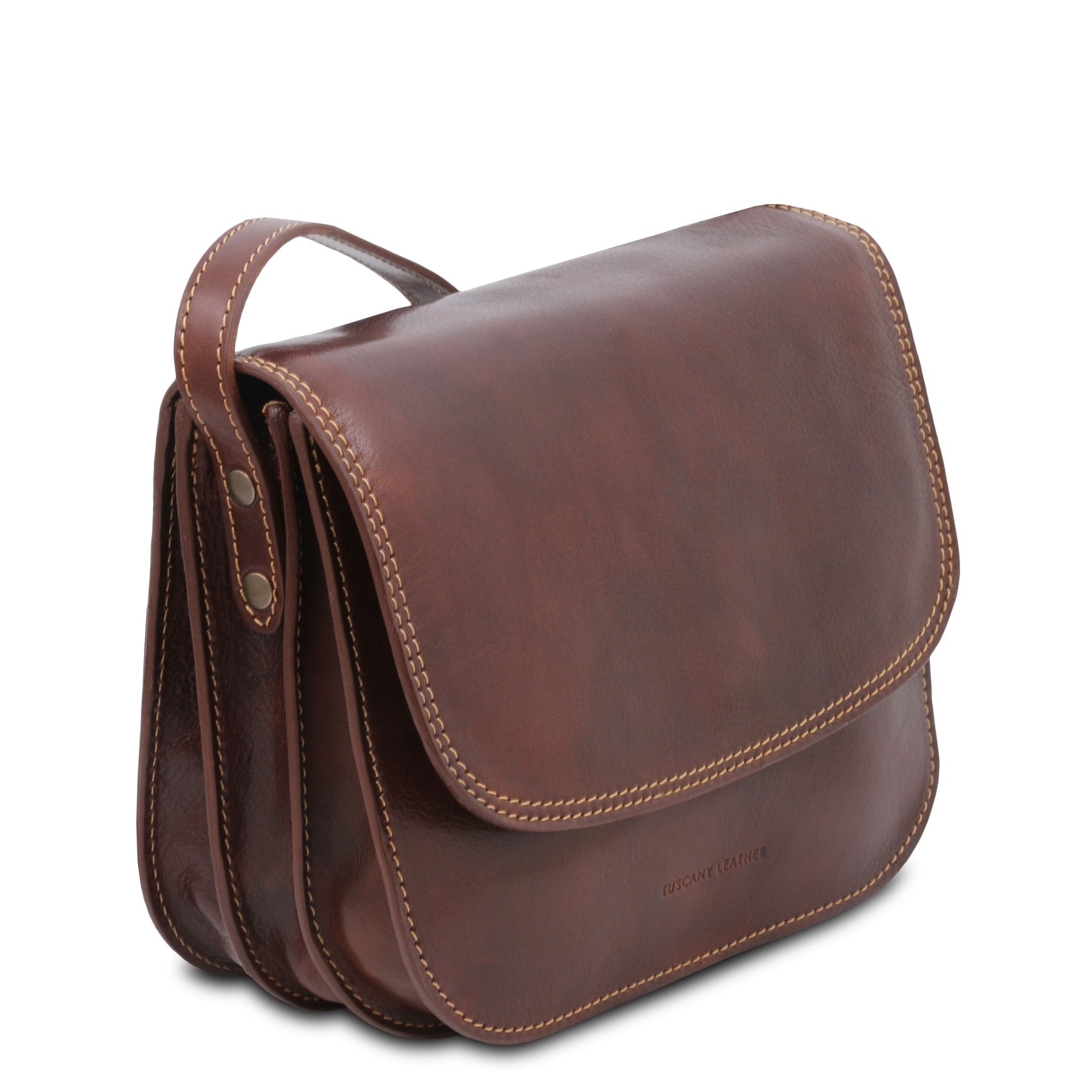 Side view of TL Classic Greta Lady Leather Bag in brown on a white background - L'Atelier Global