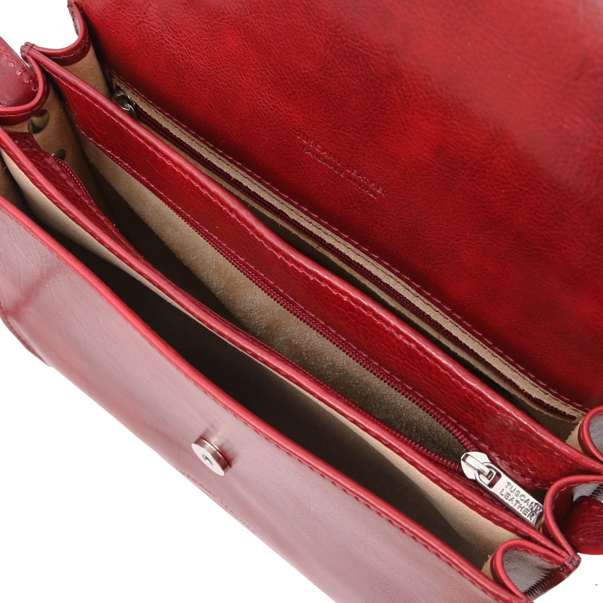 Interior view of interior pockets of the TL Classic Greta Lady Leather Bag in red on a white background - L'Atelier Global