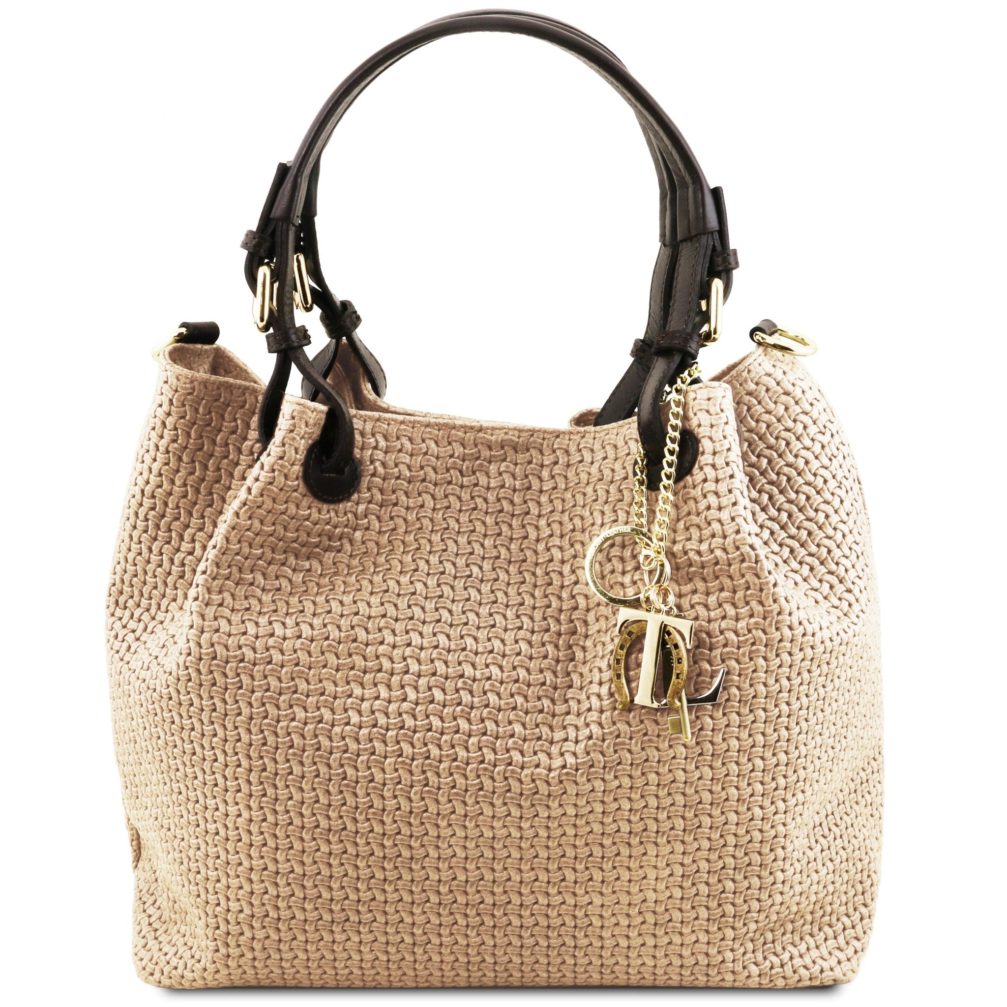 Front view of the TL Keyluck Woven Printed Leather Shopping Bag in Beige on a white background- L'Atelier Global