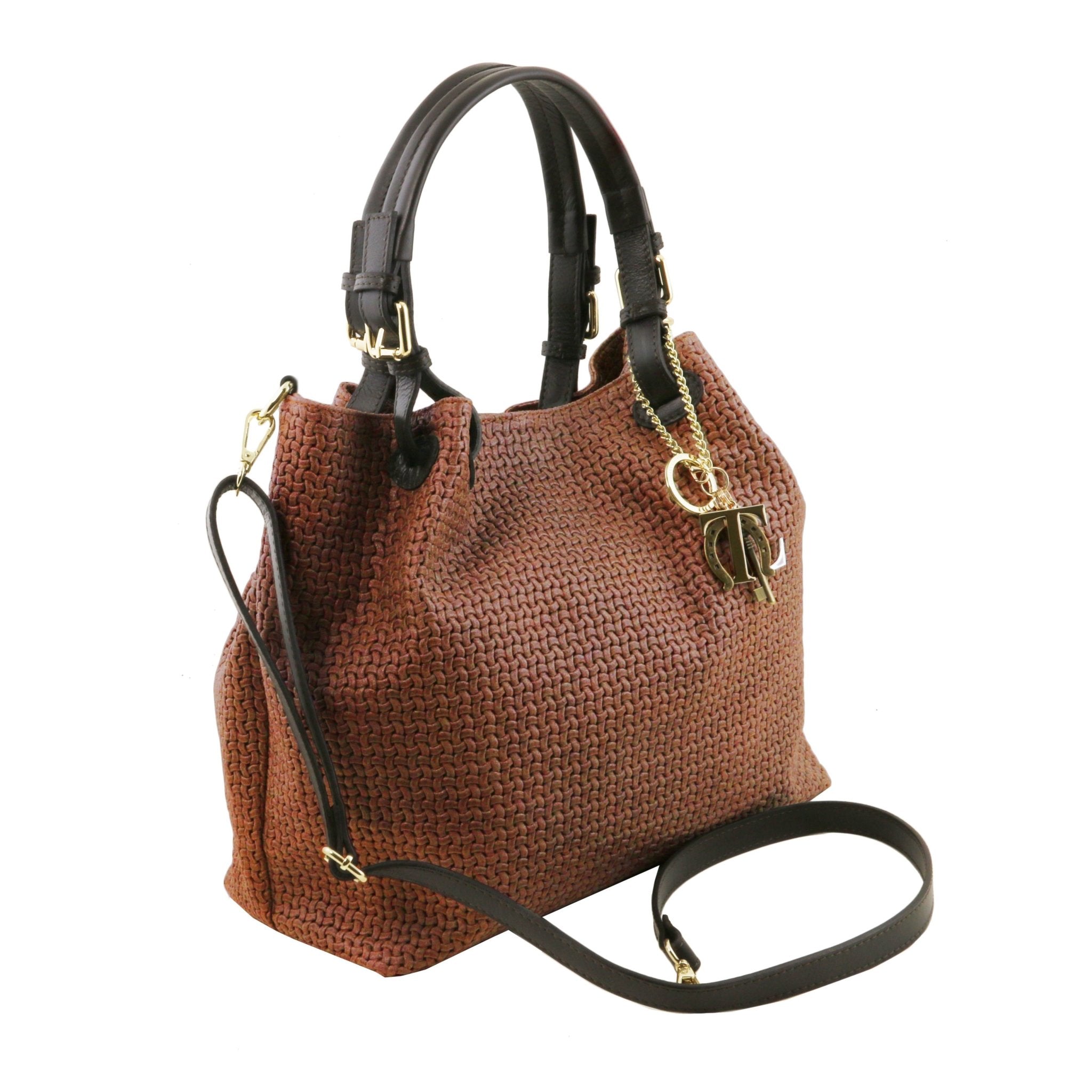 Side view of the TL Keyluck Woven Printed Leather Shopping Bag in Cinnamon on a white background- L'Atelier Global