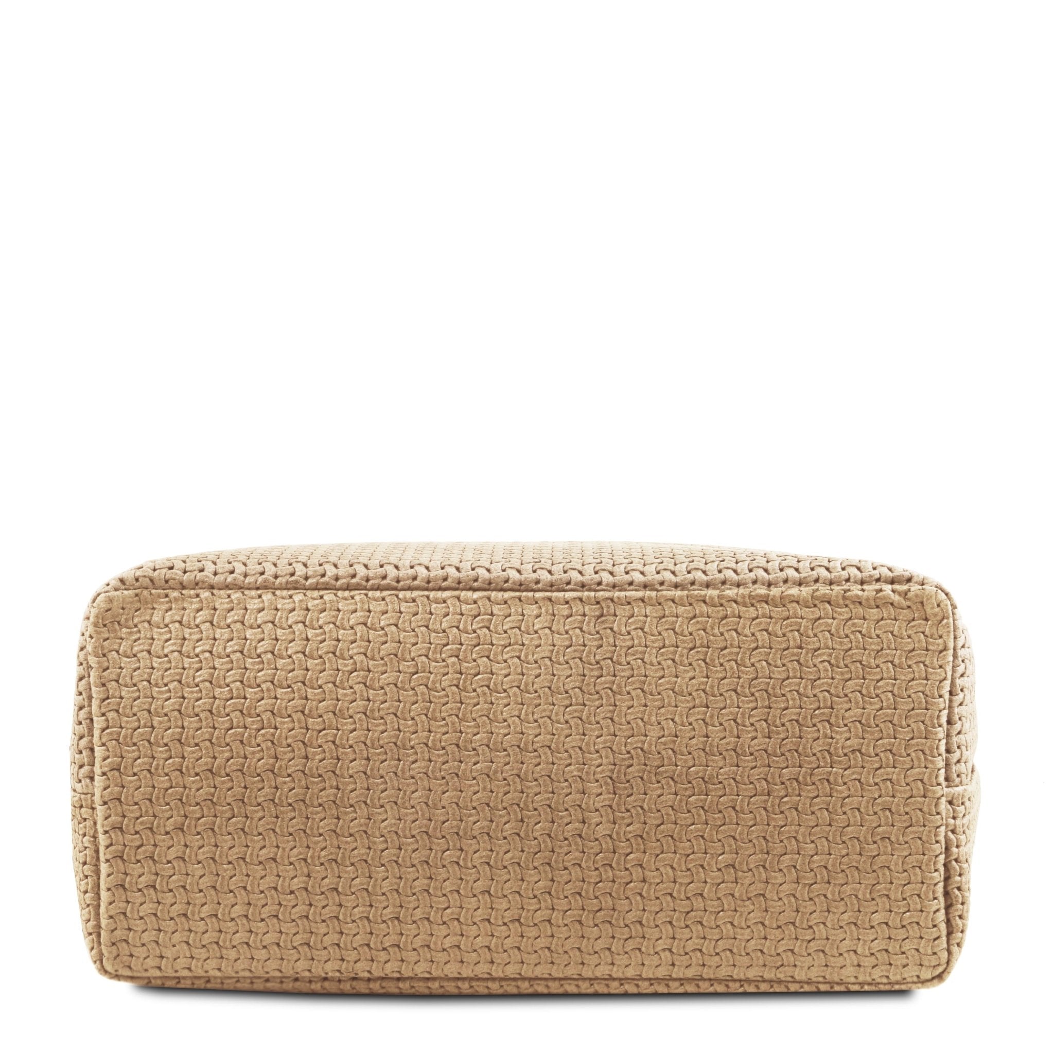 Bottom view of the TL Keyluck Woven Printed Leather Shopping Bag in Beige on a white background- L'Atelier Global