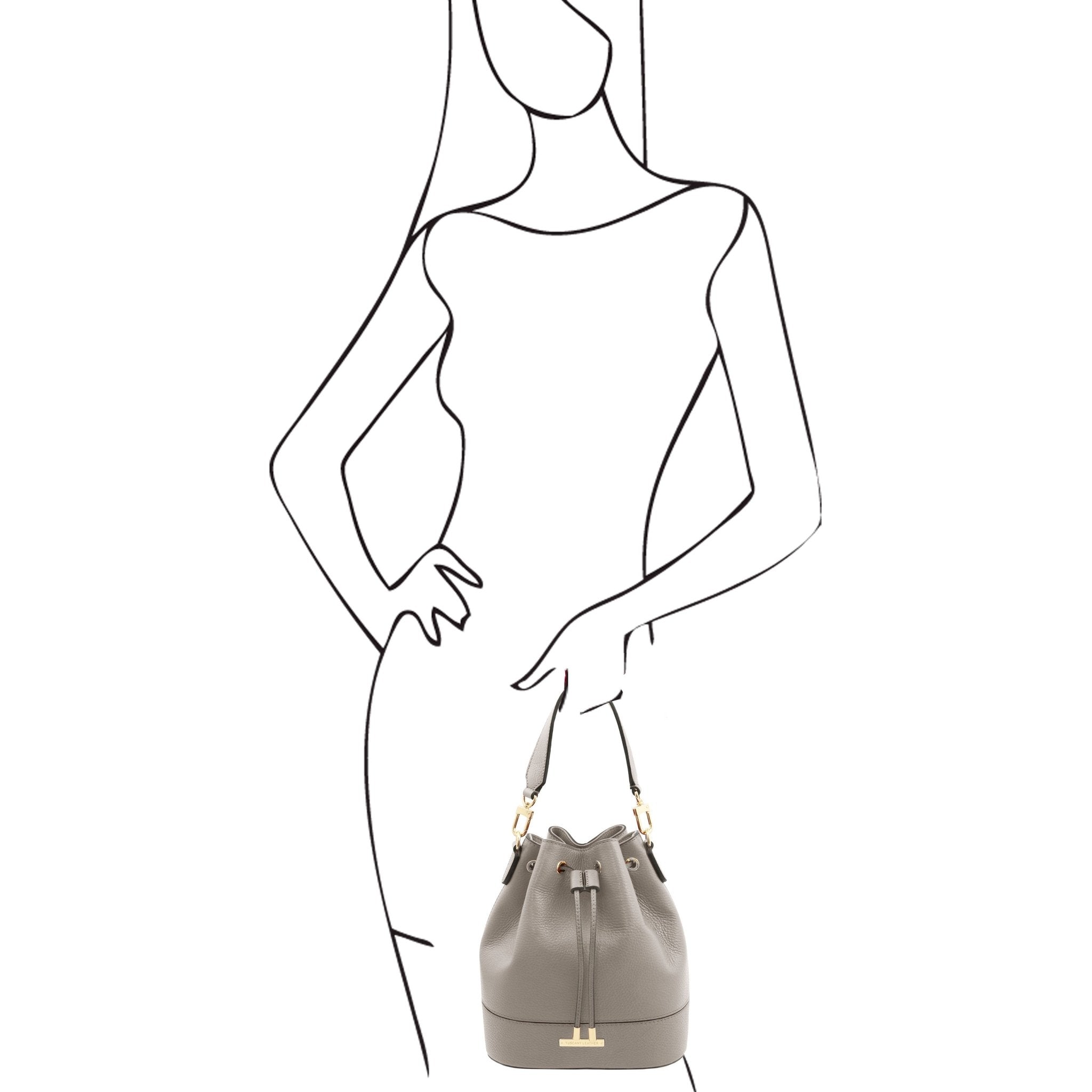 TL Leather Bucket Bag Dark Taupe Model Holding Bag- L'Atelier Global