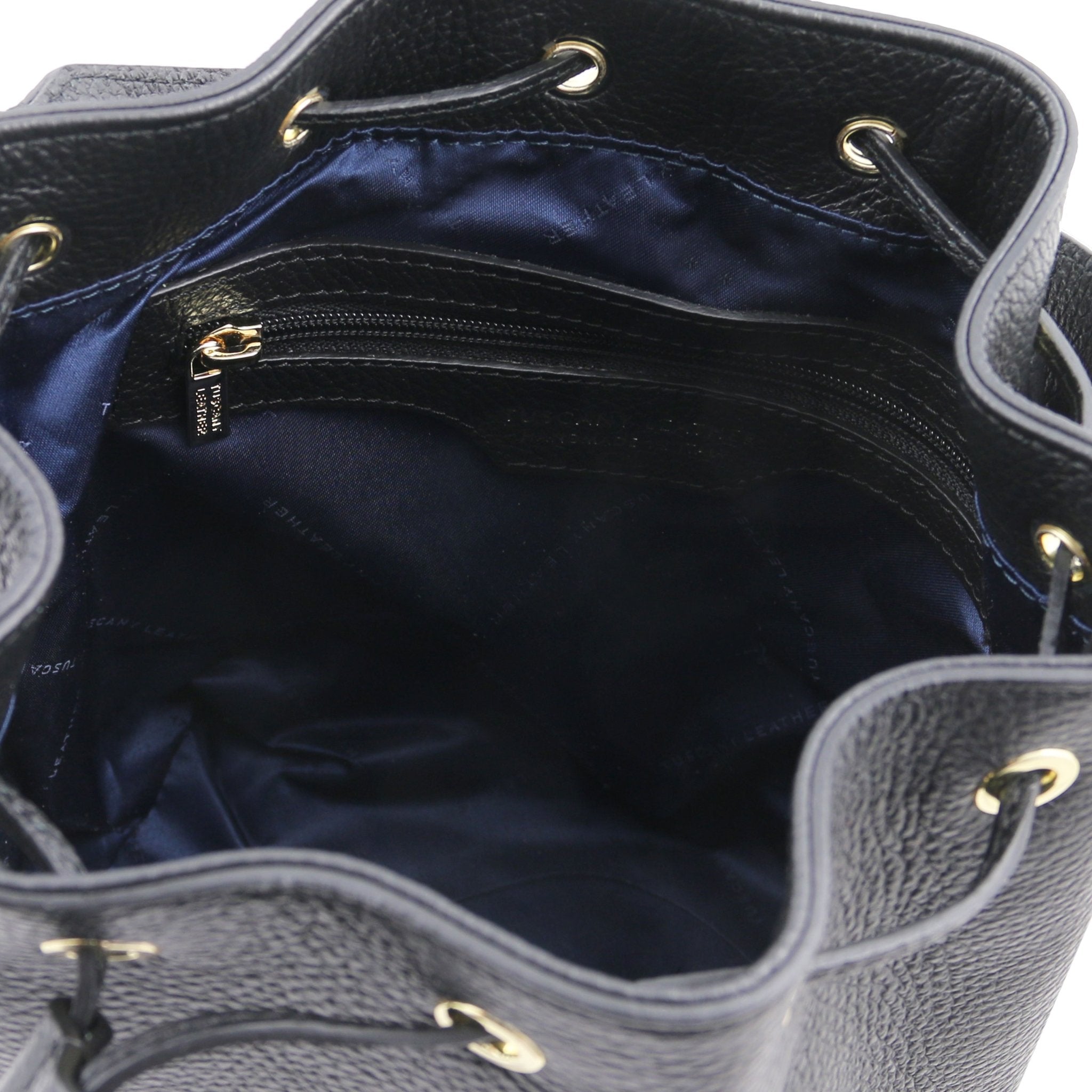 Interior zip pocket view TL Italian Leather Bucket Bag in black showing dark blue lining