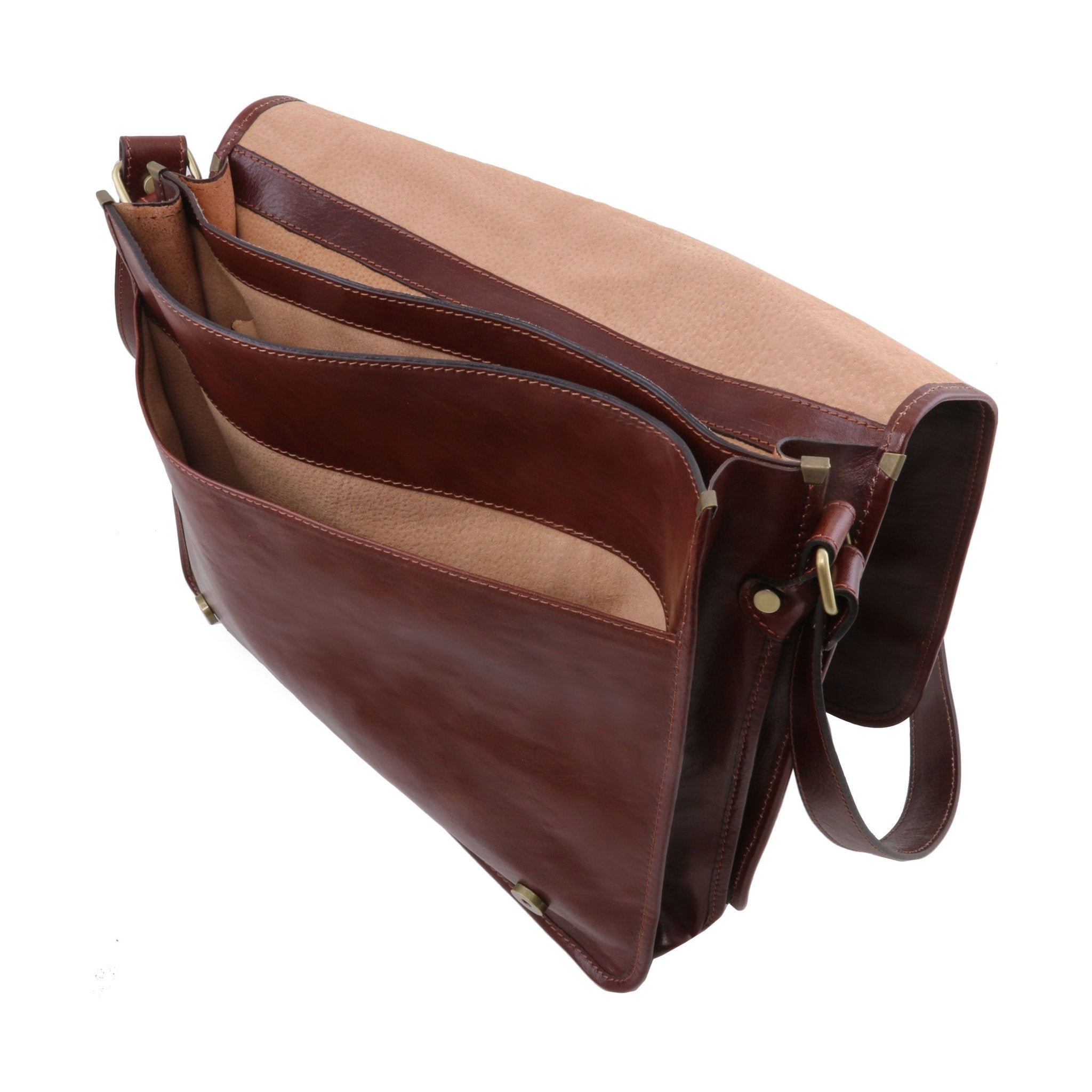 An interior view of the Large TL Messenger Two Compartment Leather Shoulder Bag in Brown - L'Atelier Global