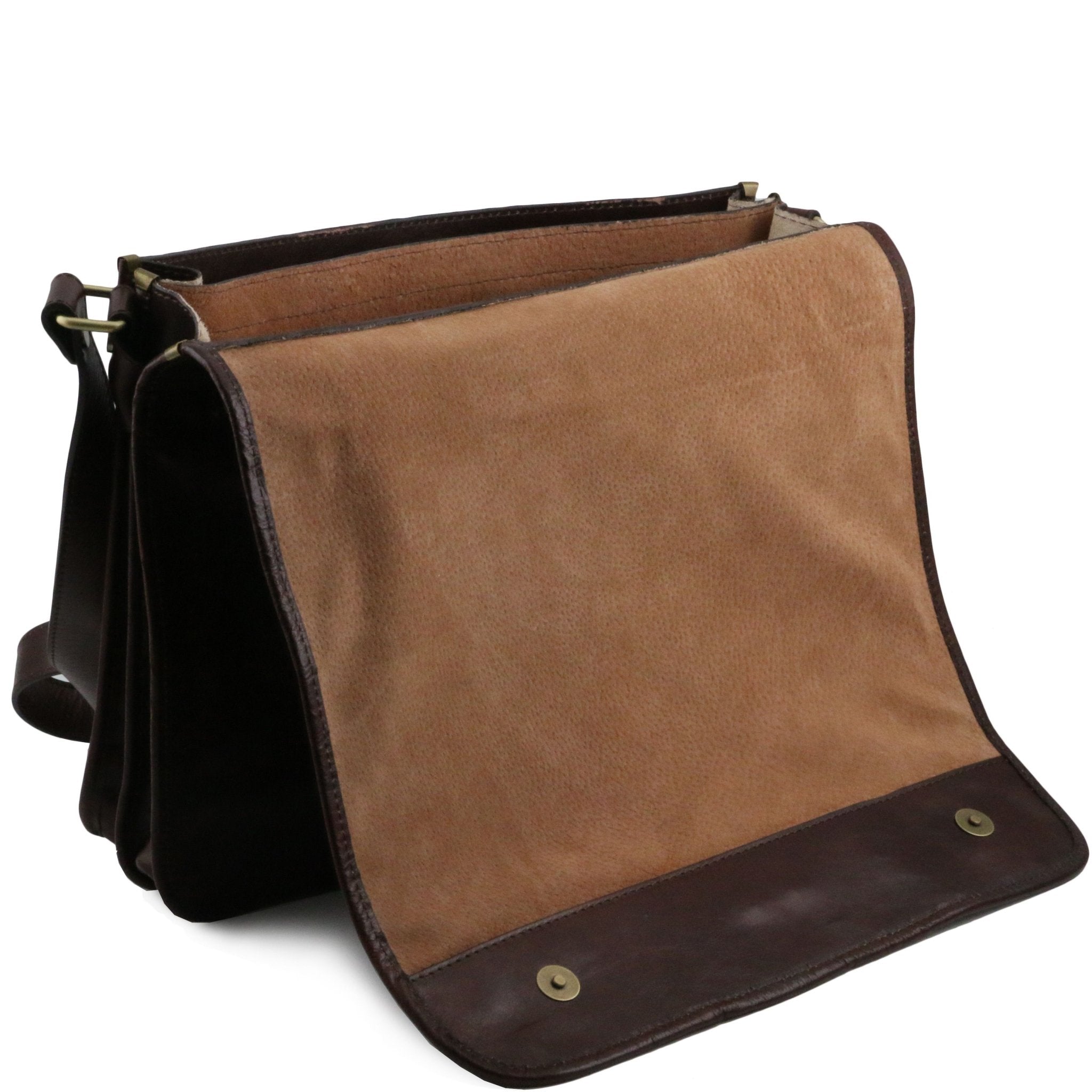 A back view of the Large TL Messenger Two Compartment Leather Shoulder Bag in Brown - L'Atelier Global