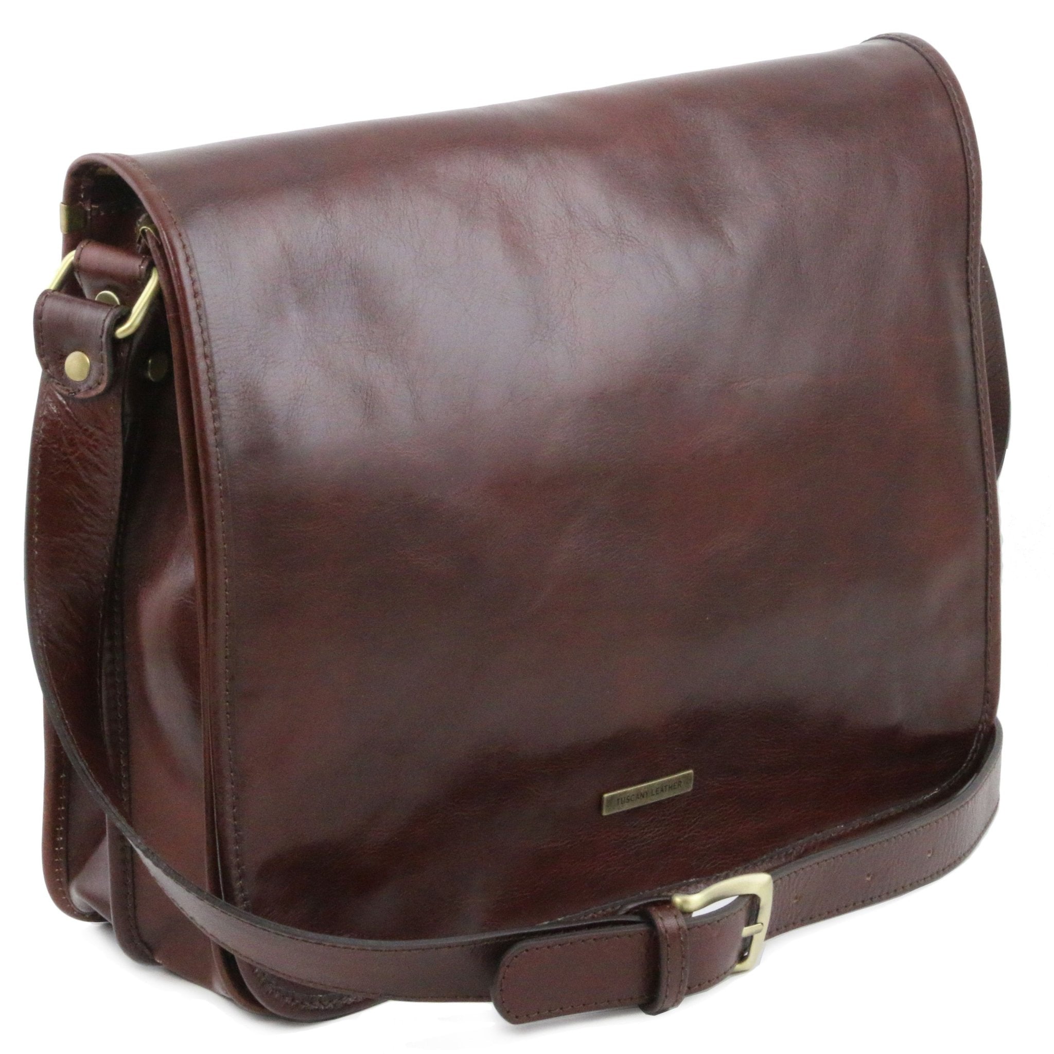 A side view of the Large TL Messenger Two Compartment Leather Shoulder Bag in Brown  - L'Atelier Global