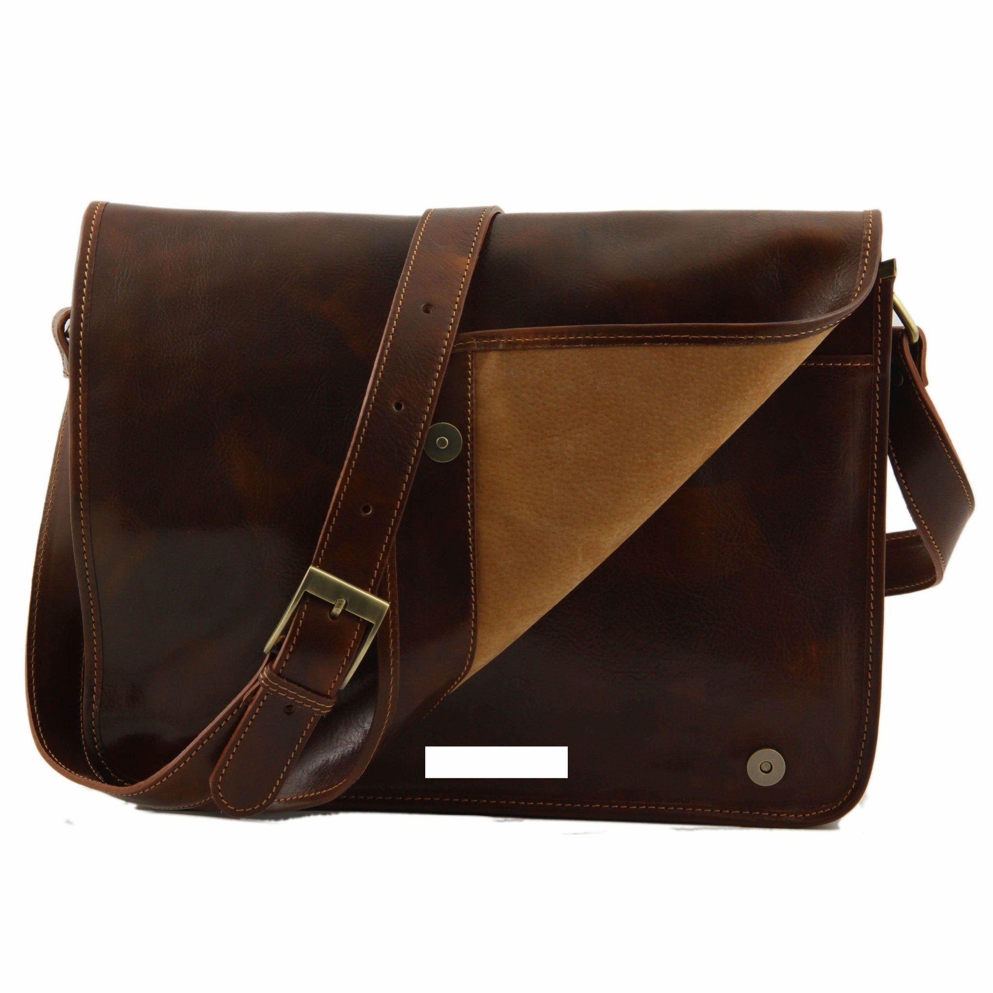 A front view of the Large TL Messenger Two Compartment Leather Shoulder Bag in Brown - L'Atelier Global