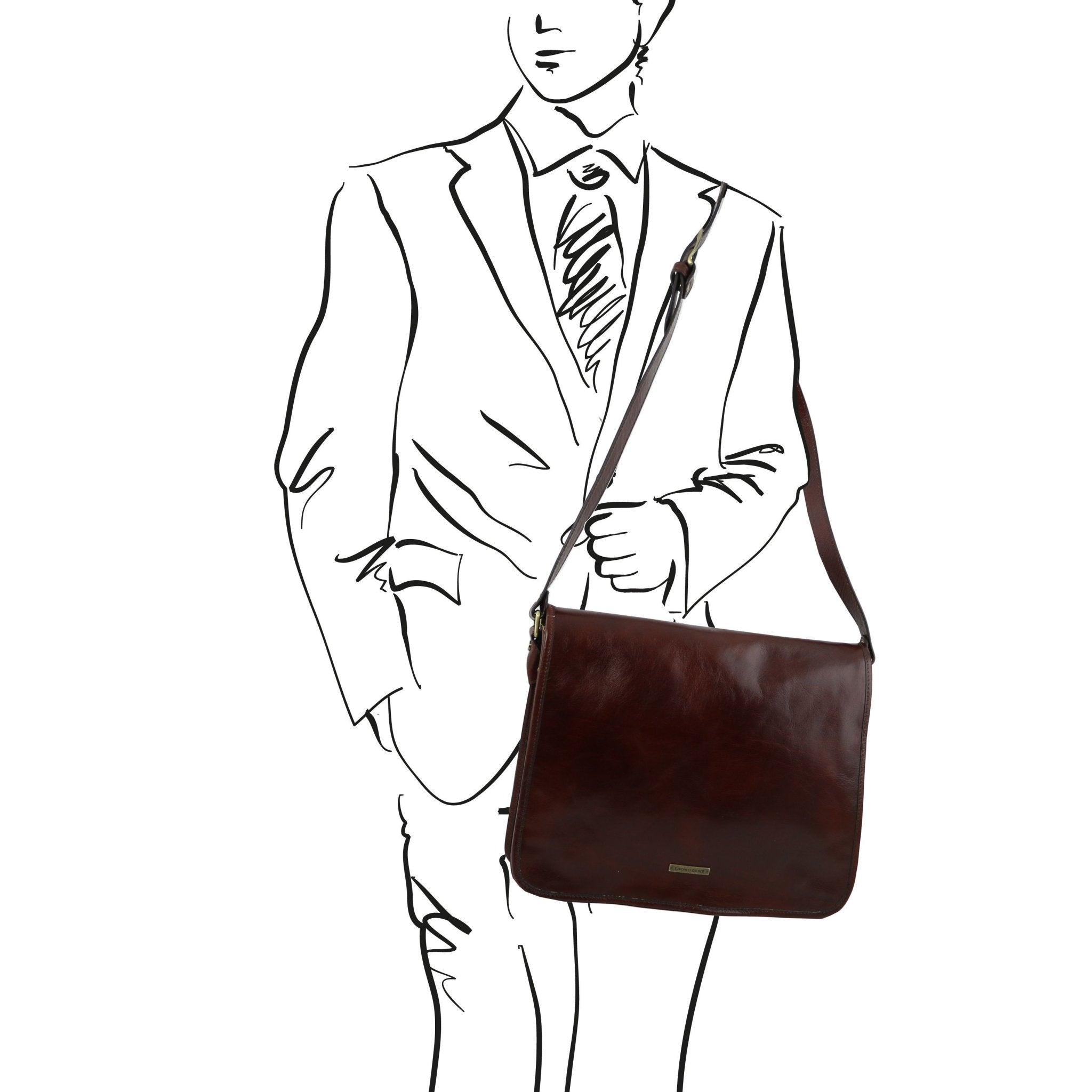 A sketch of a man holding the Large TL Messenger Two Compartment Leather Shoulder Bag in Brown  - L'Atelier Global