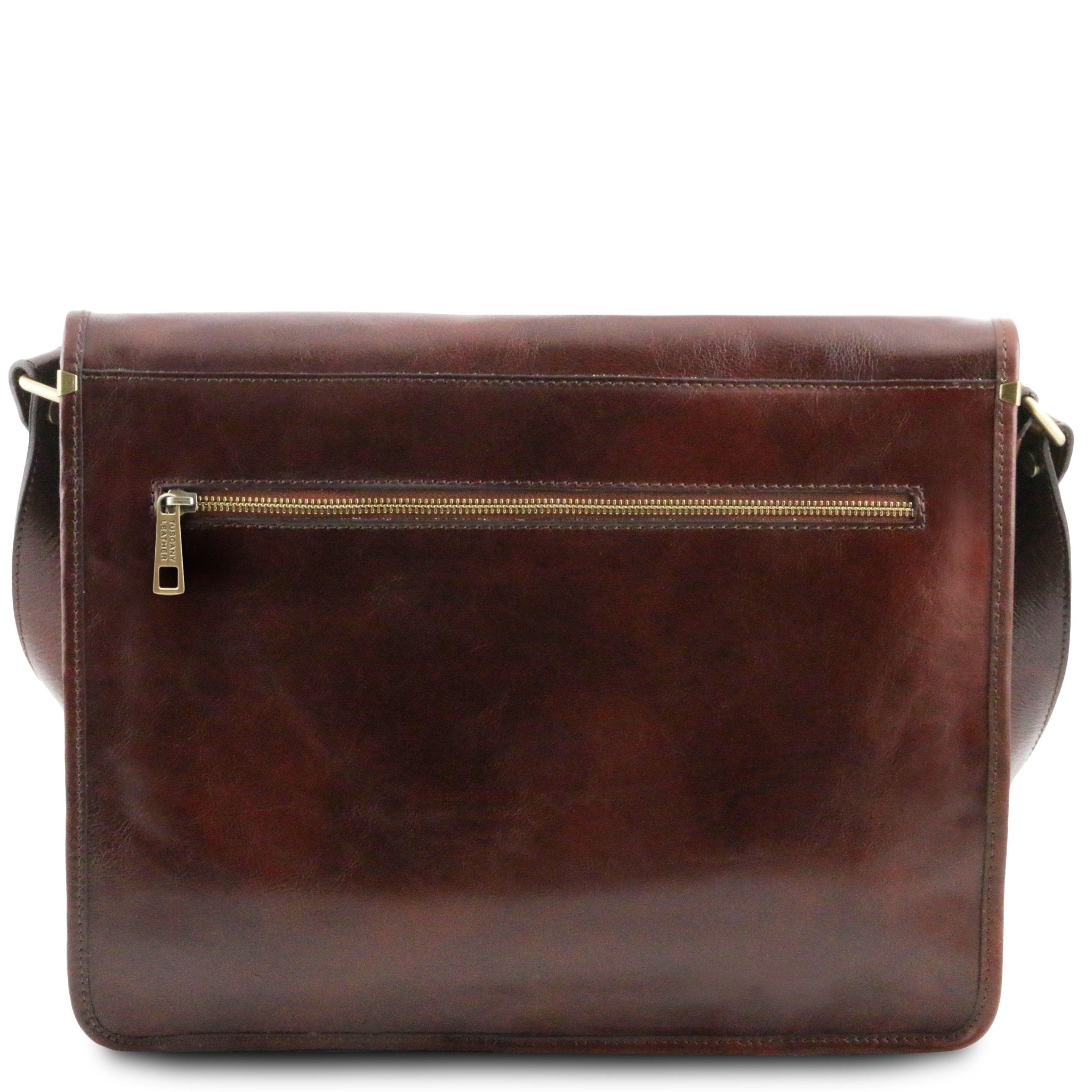 An back view of the Large TL Messenger Two Compartment Leather Shoulder Bag in Brown - L'Atelier Global