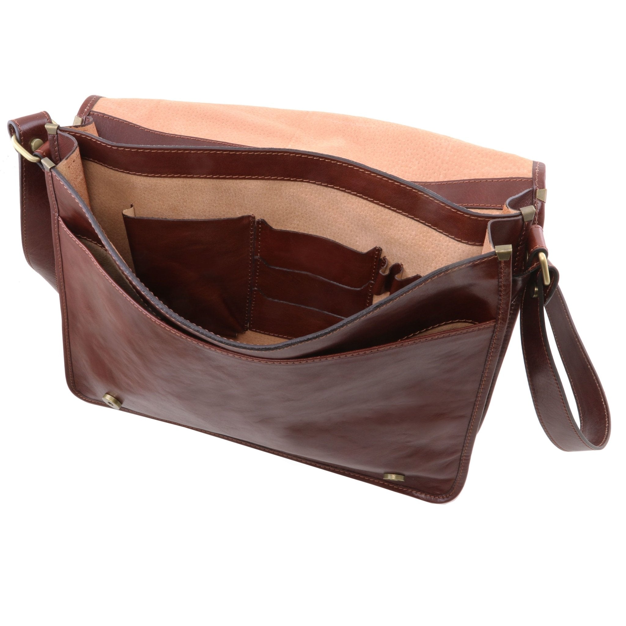 An interior view of the Large TL Messenger Two Compartment Leather Shoulder Bag in Brown - L'Atelier Global