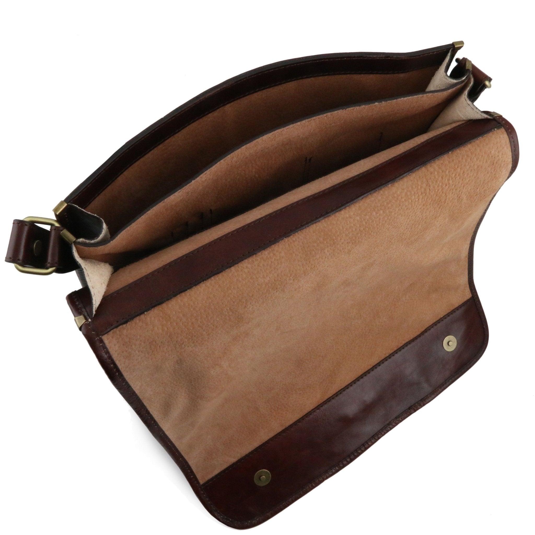 An interior view of the Large TL Messenger Two Compartment Leather Shoulder Bag in Brown - L'Atelier Global