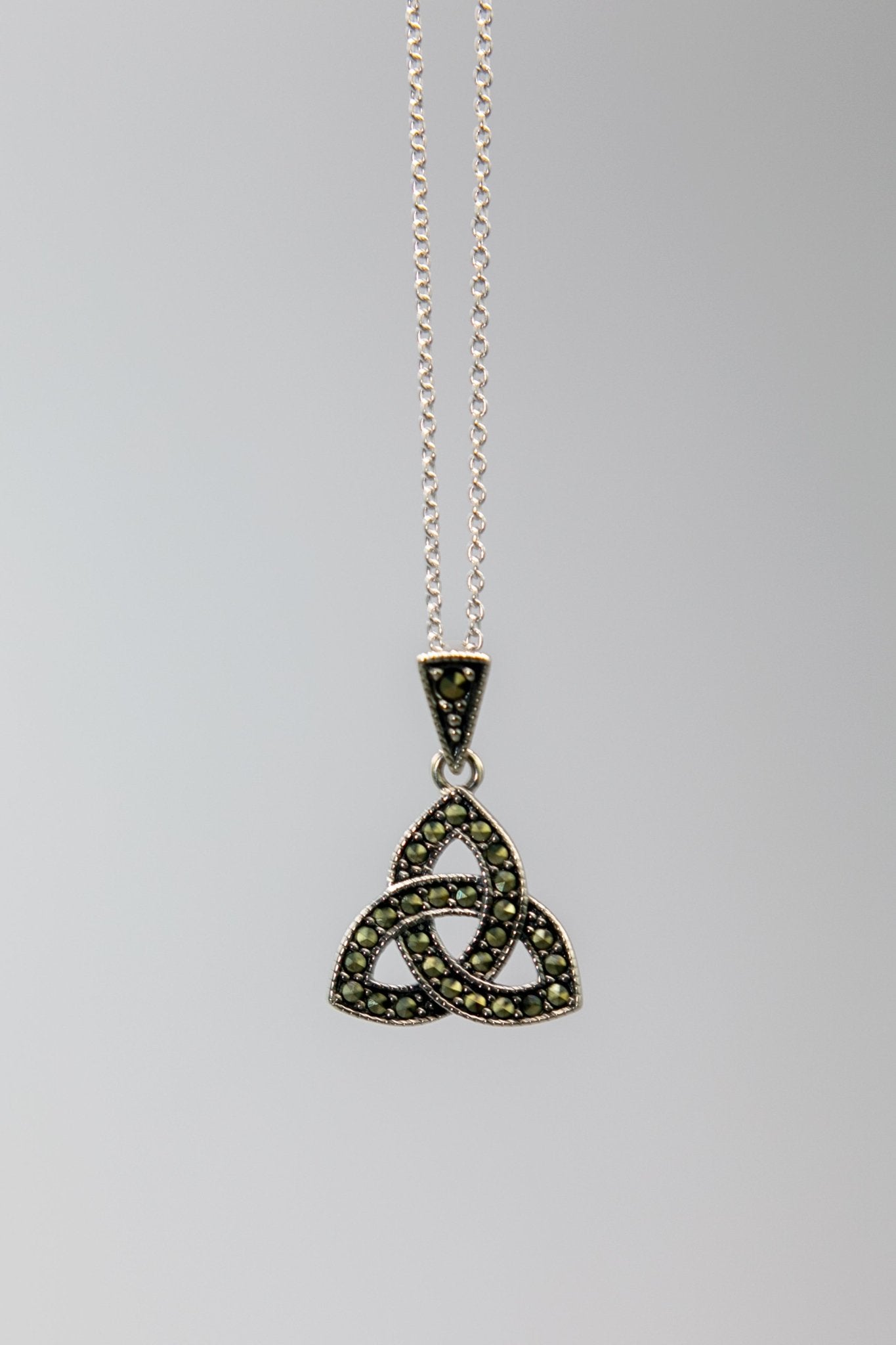 Irish Trinity Knot Marcasite Pendant Necklace on a white background - L'Atelier Global