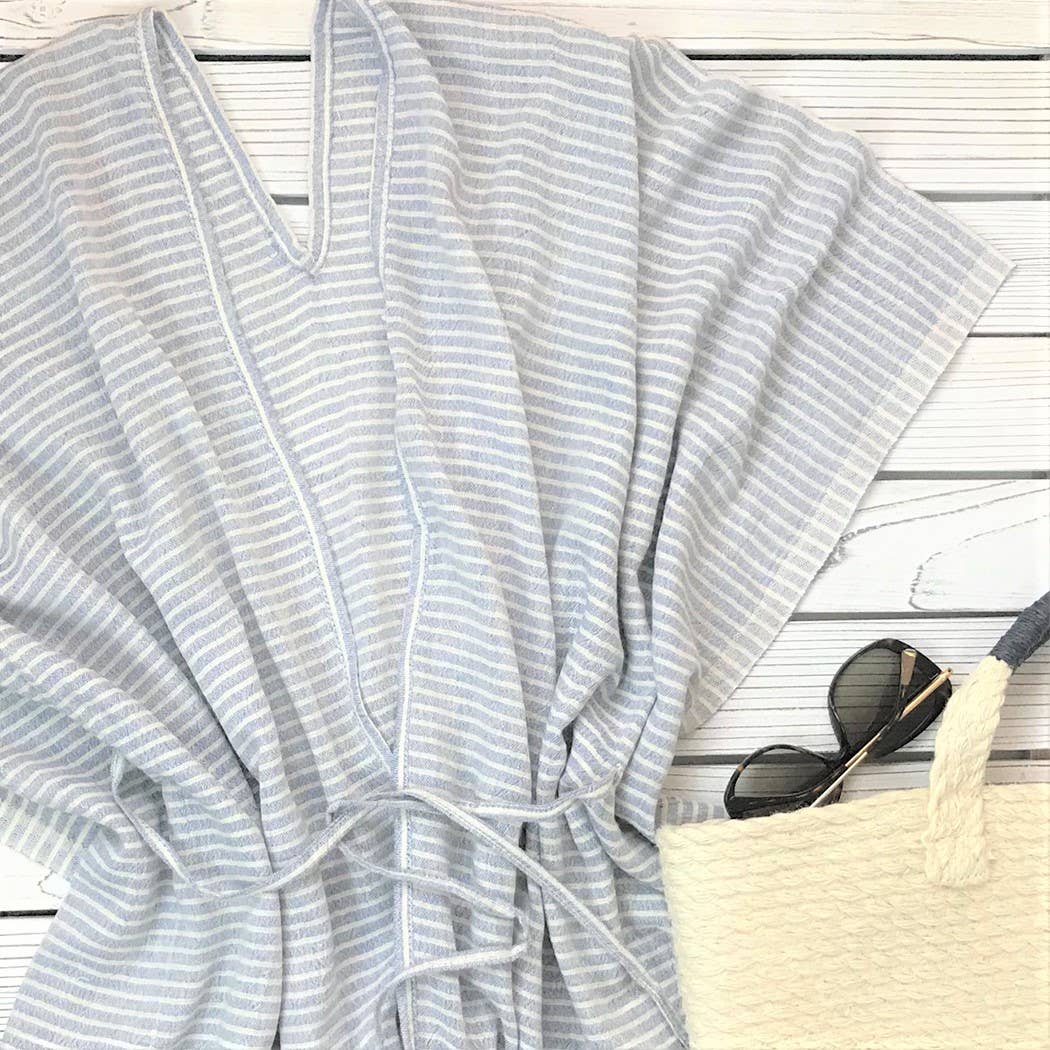 Turkish Aegean Cotton Striped Kimono in Black laying on a white deck with beach bag and Vogue magazine - L'Atelier Global