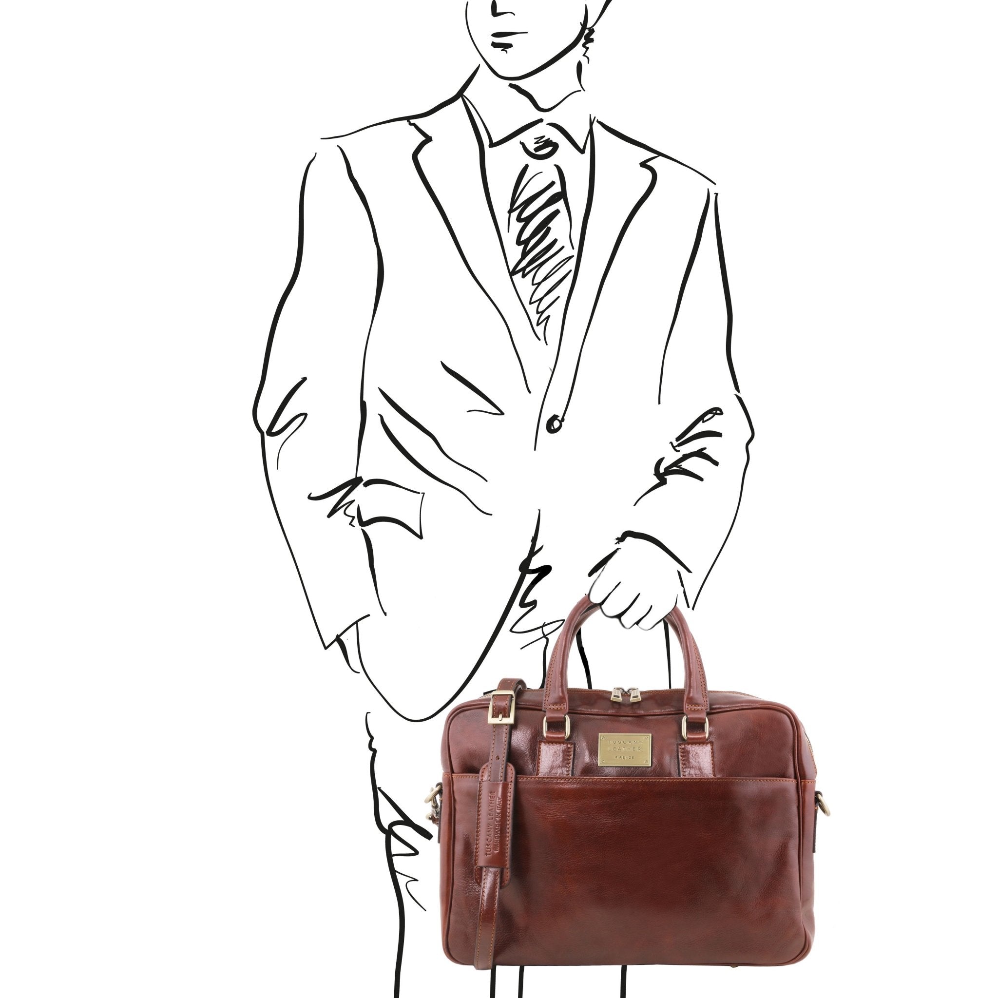 Urbino Leather Laptop Briefcase with Front Pocket in Brown, sketch of man holding bag, on white background - L'Atelier Global