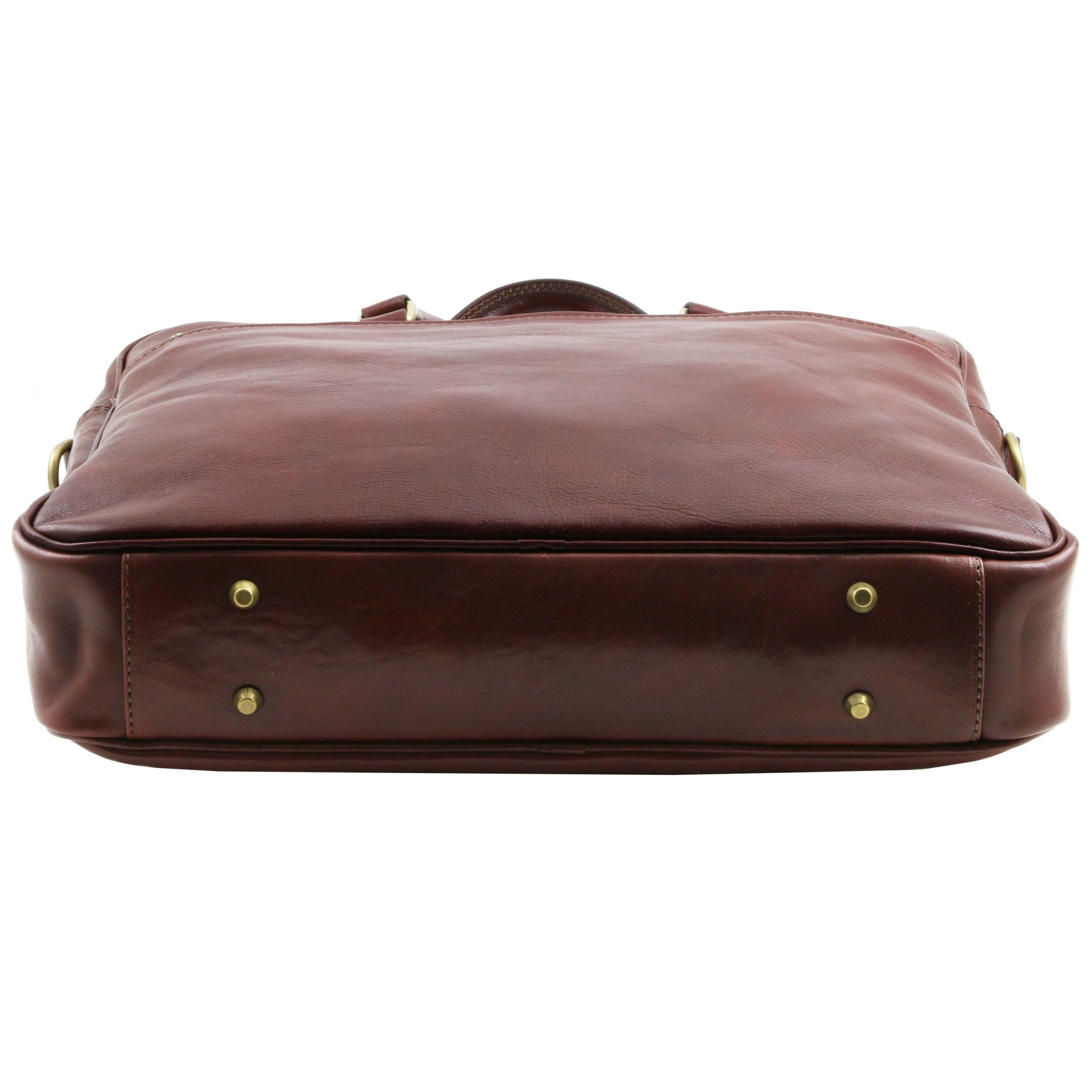 Urbino Leather Laptop Briefcase with Front Pocket in Brown, bottom view, white background - L'Atelier Global