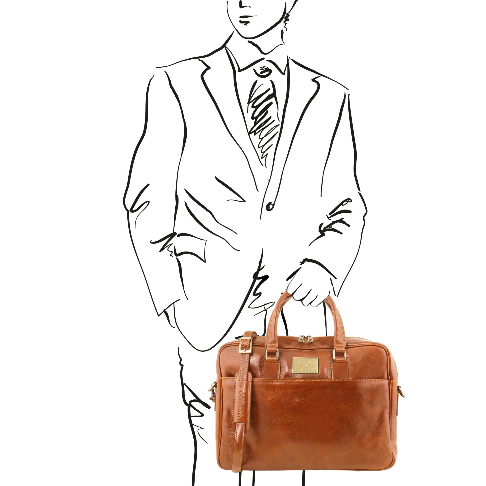 Urbino Leather Laptop Briefcase with Front Pocket in Cognac, sketch of man holding bag, white background - L'Atelier Global